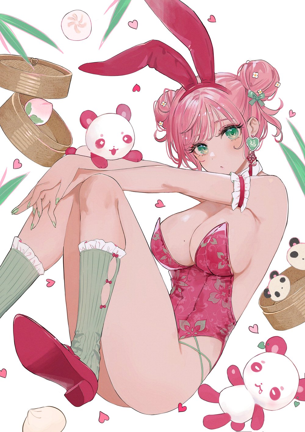 1girl animal_ears armband bamboo_steamer breasts cleavage detached_collar double_bun food frilled_armband frills full_body green_eyes hair_bun high_heels highleg highleg_leotard highres leotard miyako_(xxxbibit) original panda pink_hair playboy_bunny pumps rabbit_ears red_footwear red_leotard sakura_mochi short_hair socks solo strapless strapless_leotard striped_clothes striped_socks wagashi white_background