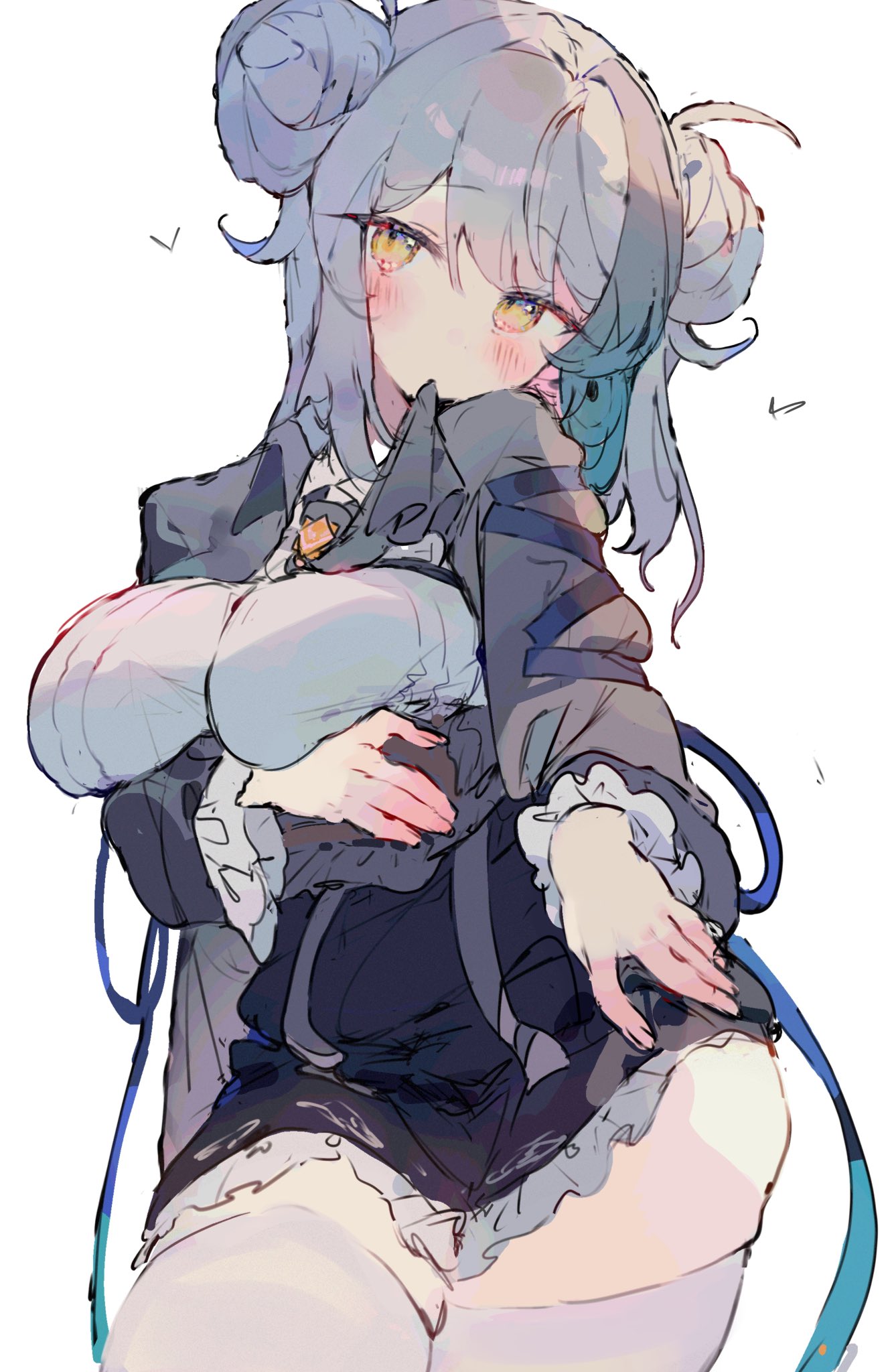 1girl aqua_hair black_skirt blue_ribbon blush breasts collared_jacket collared_shirt cowboy_shot double_bun frilled_skirt frilled_sleeves frills green_hair grey_jacket hair_bun heart highres jacket large_breasts long_sleeves looking_at_viewer mouth_hold multicolored_hair o_(jshn3457) original ribbon shirt simple_background skirt socks solo standing thick_thighs thighs white_background white_shirt white_socks yellow_eyes