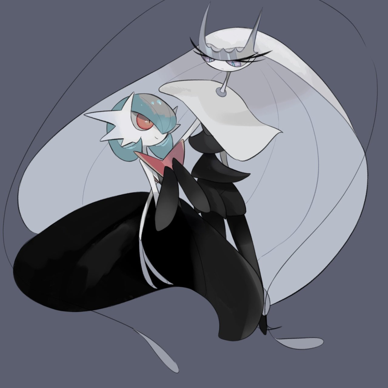 alternate_color antennae black_dress black_gloves blue_hair bob_cut colored_skin dress elbow_gloves gardevoir gloves grey_background hair_over_one_eye highres mega_gardevoir mega_pokemon orange_eyes pheromosa pokemon pokemon_(creature) shiny_pokemon simple_background smile suramo_(lbsto3m) white_skin