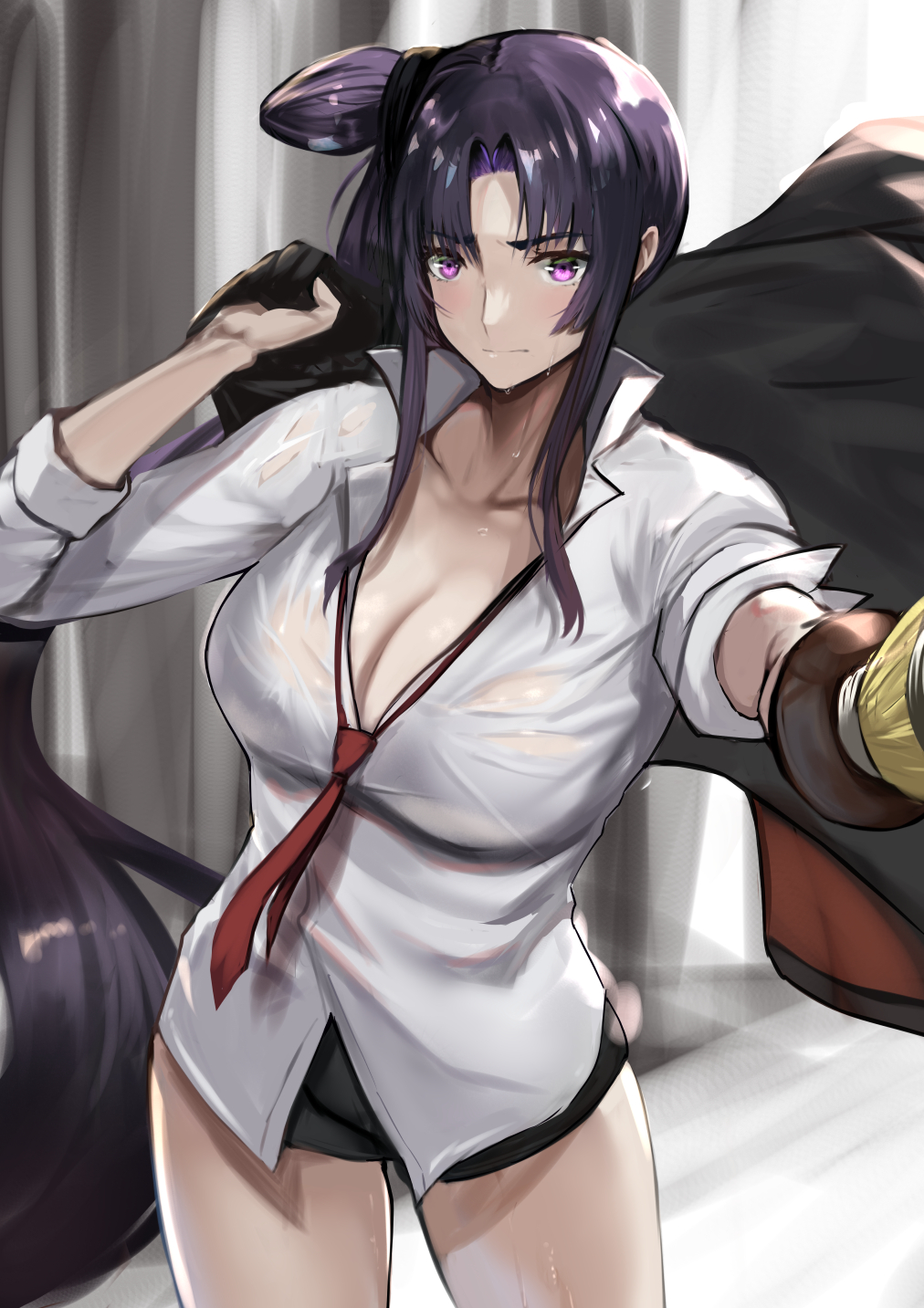 1girl aiming aiming_at_viewer black_hair black_jacket blazer breasts cleavage collarbone fate/grand_order fate_(series) hair_bun highres holding_shinai indoors jacket jikihatiman large_breasts long_hair looking_at_viewer necktie official_alternate_costume parted_bangs purple_eyes red_necktie see-through see-through_shirt shinai shirt side_ponytail solo sweat sweaty_clothes sword taira_no_kagekiyo_(fate) ushiwakamaru_(fate) very_long_hair weapon white_shirt