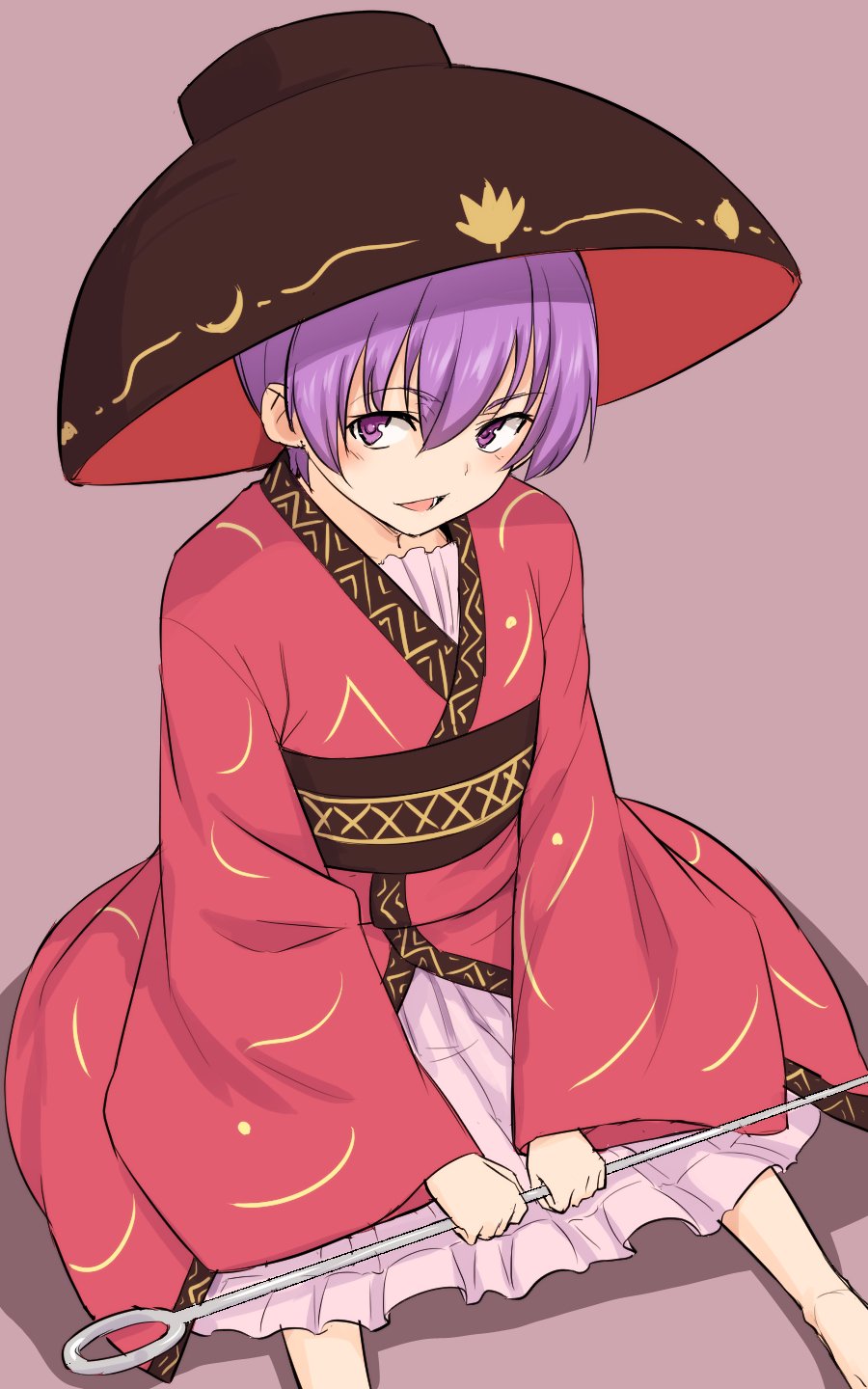 1girl bowl bowl_hat commentary hat highres japanese_clothes kakone kimono long_sleeves looking_at_viewer needle one-hour_drawing_challenge open_mouth purple_eyes purple_hair red_kimono sash short_hair simple_background sitting solo touhou wide_sleeves