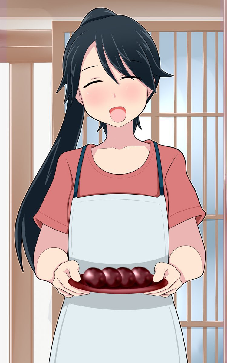 1girl alternate_costume apron black_hair closed_eyes collarbone food high_ponytail highres holding holding_plate housewife houshou_(kancolle) kantai_collection long_hair open_mouth pink_shirt plate shirt solo tanaka_rikimaru upper_body white_apron