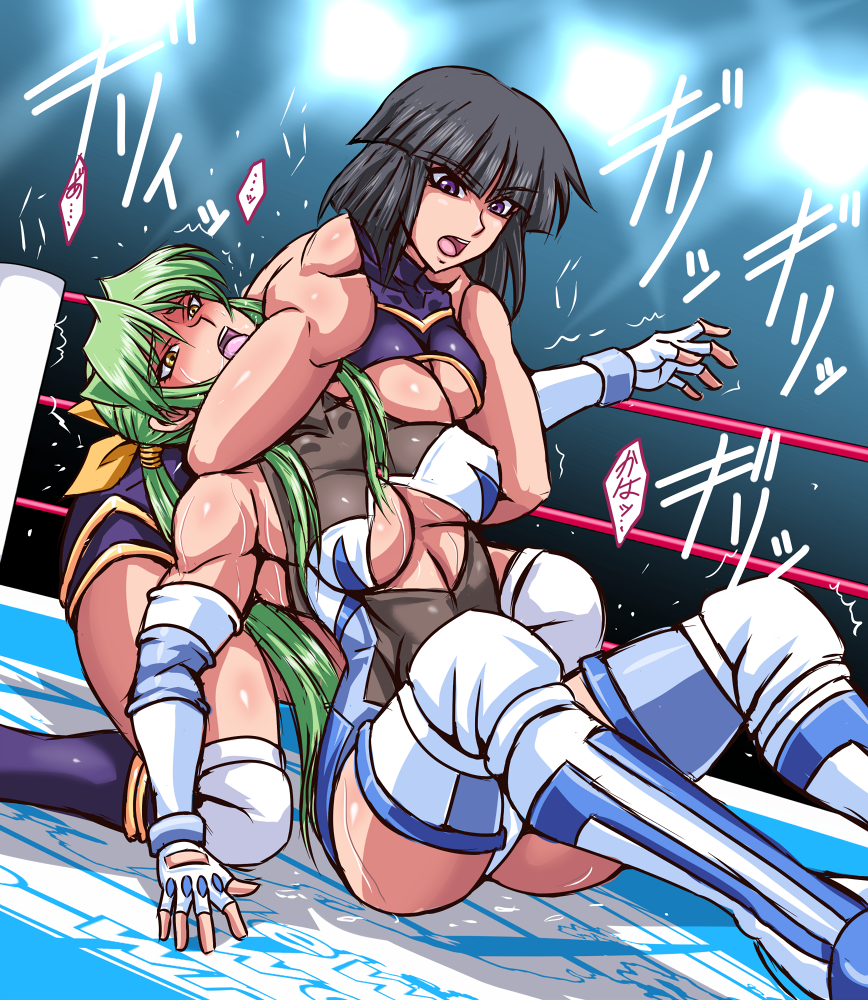 2girls abs black_hair blush bob_cut boots breasts choke_hold cleavage cleavage_cutout clothing_cutout dragon_sleeper elbow_gloves elbow_pads fingerless_gloves gloves green_hair hair_ribbon knee_pads large_breasts leotard long_hair medium_breasts minami_toshimi multiple_girls open_mouth pain ponytail purple_eyes purple_leotard ribbon sakurai_chisato short_hair stage_lights strangling submission_hold sweat taroimo_(00120014) thigh_boots thighhighs very_long_hair white_leotard wrestle_angels wrestle_angels_survivor wrestle_angels_survivor_2 wrestler wrestling wrestling_boots wrestling_outfit wrestling_ring yellow_eyes