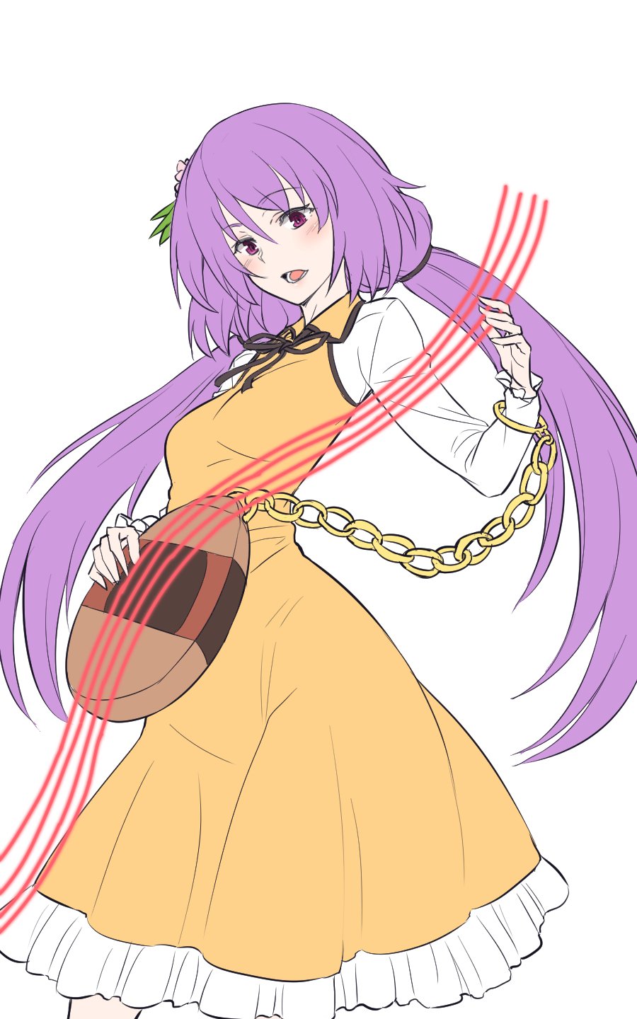 1girl biwa_lute chain commentary dress hair_ornament highres instrument kakone long_hair long_sleeves looking_at_viewer lute_(instrument) one-hour_drawing_challenge open_mouth purple_eyes purple_hair simple_background solo touhou tsukumo_benben yellow_dress
