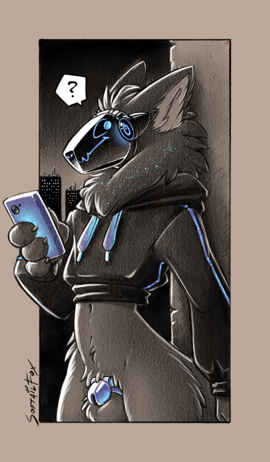 anthro balls black_and_white blue_glow bottomless cellphone chastity_cage chastity_device city city_background city_lights city_scape cityscape clothed clothing comic electronics fluffy genitals glowing glowing_blue glowing_eyes hi_res highlights_(coloring) hoodie looking_back looking_over_back looking_over_shoulders machine mane monochrome navel night night_time nonbinary_(lore) phone protogen simple_background simple_coloring sketch smartphone softailfox solo speech_bubble topwear