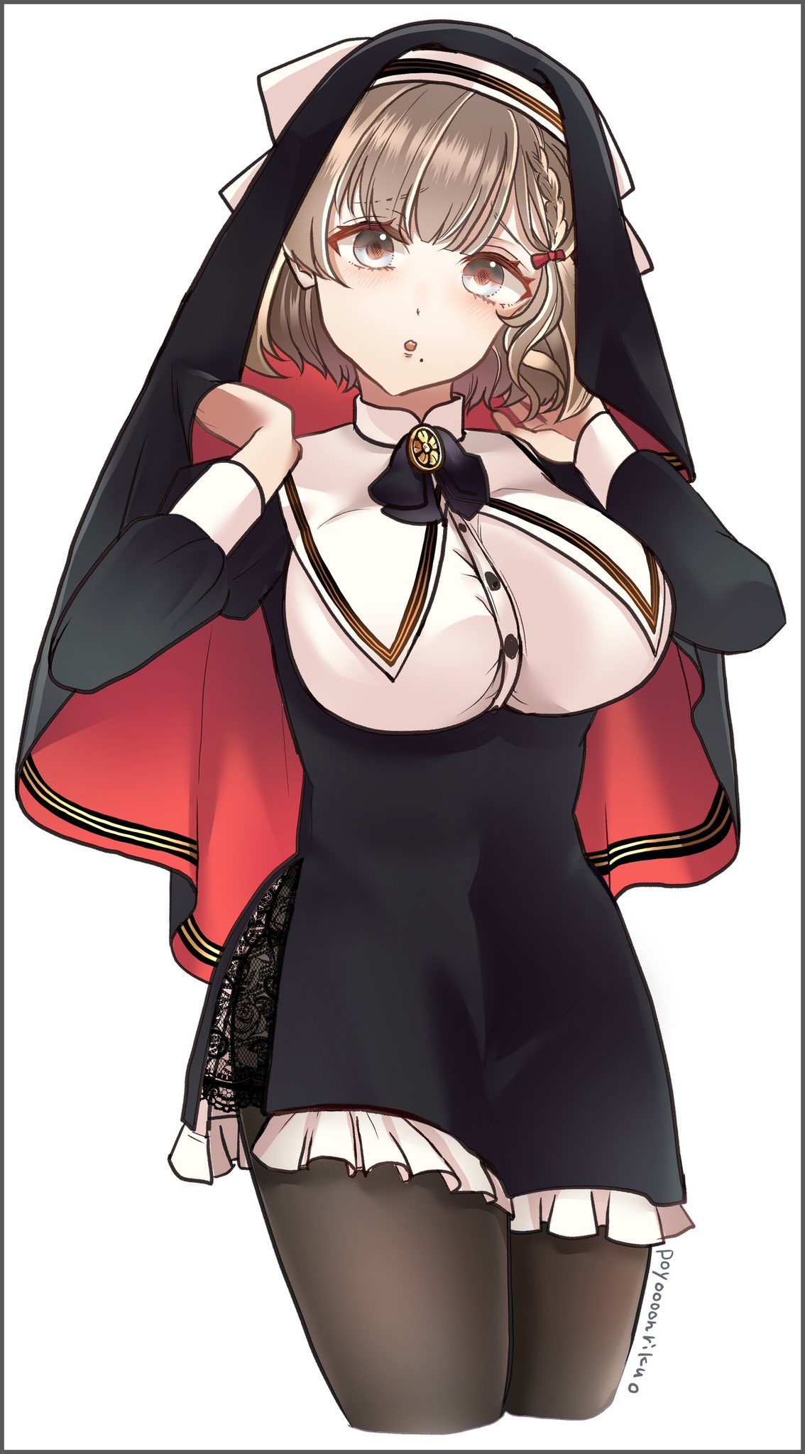 1girl alternate_costume asahi_(kancolle) bird black_dress black_pantyhose breasts brown_hair dress duck duckling grey_eyes habit hair_ribbon highres kantai_collection large_breasts long_sleeves mole nun pantyhose poyo_teitoku ribbon safety_pin short_hair smile solo veil white_ribbon