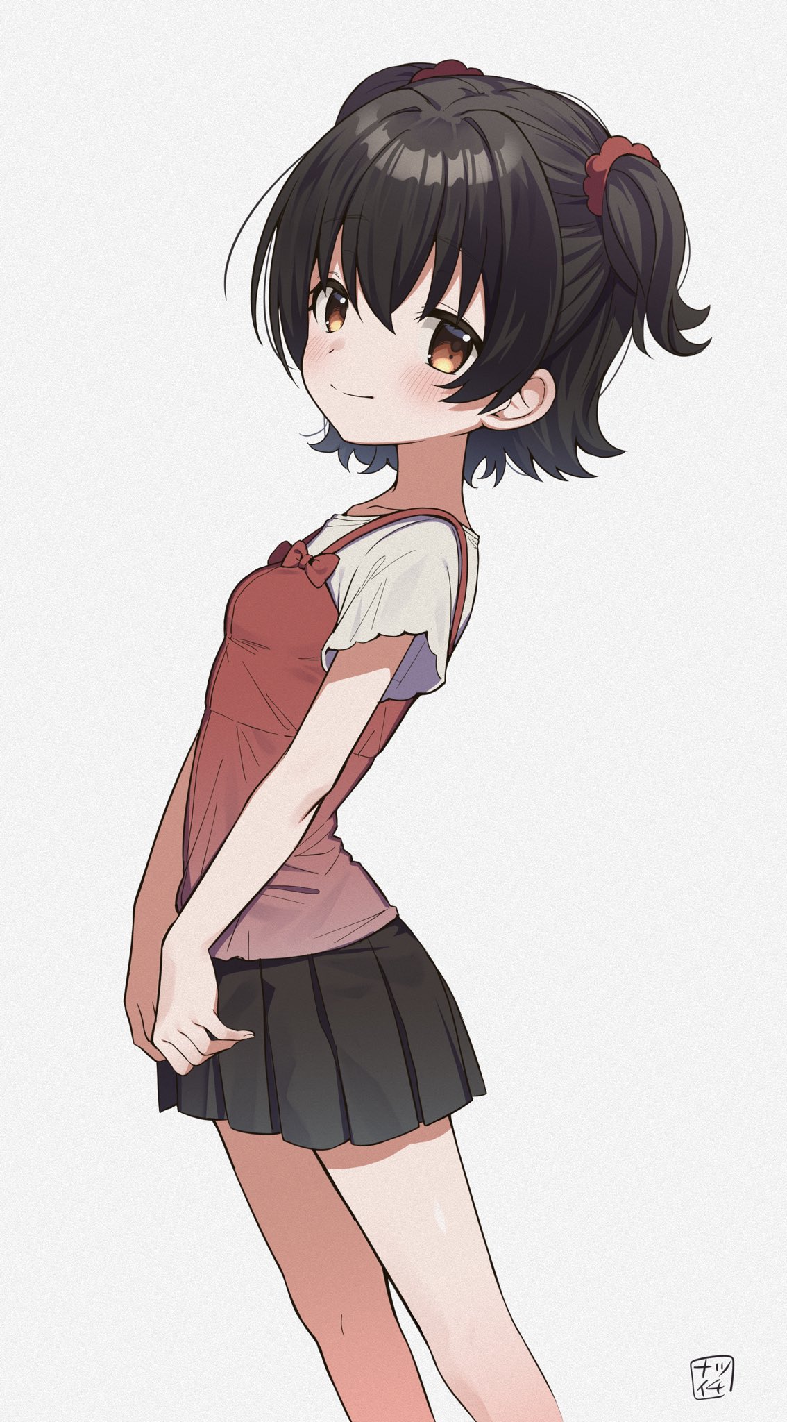 1girl akagi_miria black_hair black_skirt blush brown_eyes dddd_akagi highres idolmaster idolmaster_cinderella_girls looking_at_viewer miniskirt pleated_skirt short_hair short_sleeves simple_background skirt smile solo two_side_up white_background