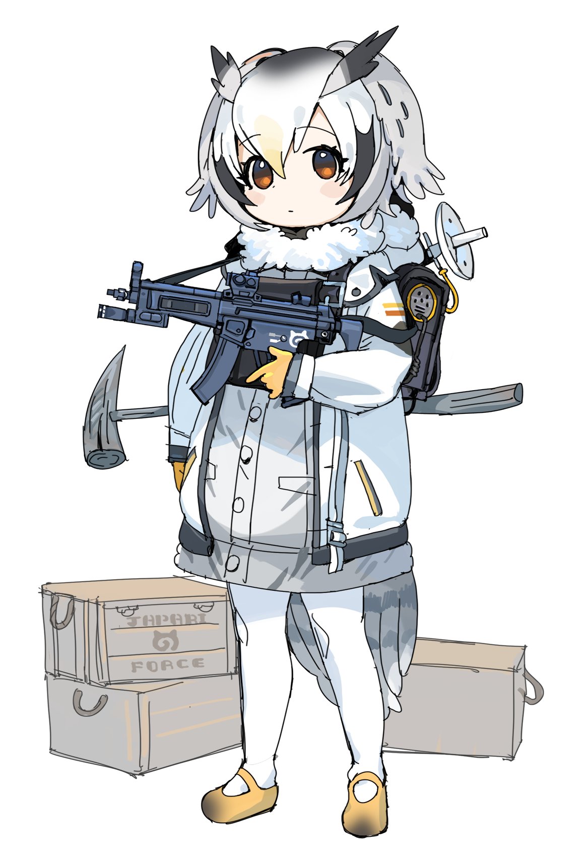 1girl backpack bag black_bag black_hair closed_mouth coat crate full_body fur_collar gloves grey_coat gun h&amp;k_mp5 head_wings highres holding holding_gun holding_weapon jacket kemono_friends looking_at_viewer mary_janes multicolored_hair northern_white-faced_owl_(kemono_friends) open_clothes open_jacket owl_girl pantyhose satellite_dish shoes shoulder_strap simple_background solo spawnfoxy staff standing submachine_gun weapon weapon_on_back white_background white_hair white_jacket white_pantyhose wings yellow_footwear yellow_gloves