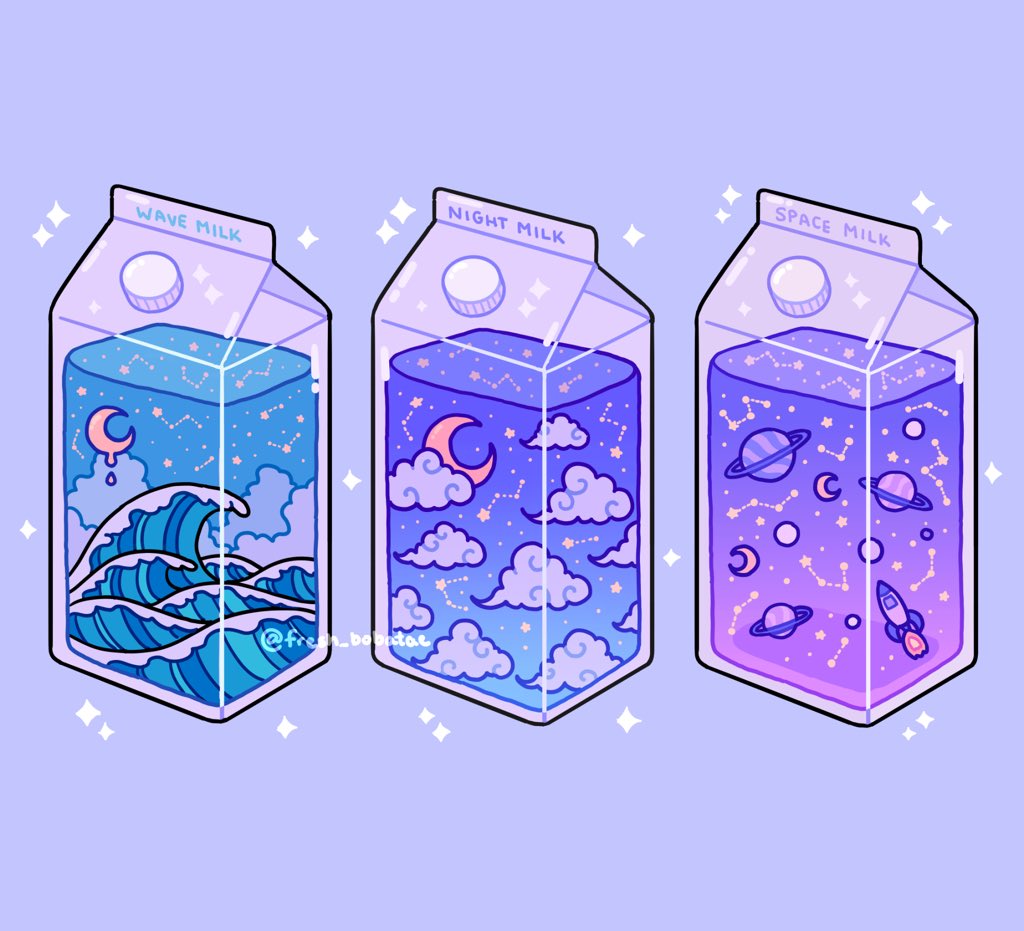 blue_background blue_clouds cloud constellation crescent_moon emily_kim liquid milk_carton moon night night_sky no_humans original pastel_colors planet purple_theme saturn_(planet) simple_background sky spacecraft sparkle twitter_username waves