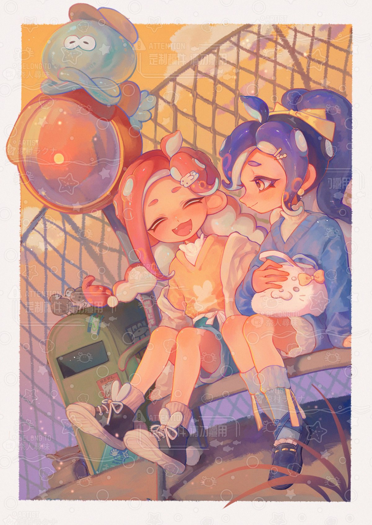 2girls bench black_footwear blue_hair chain-link_fence fence full_body highres jellyfish_(splatoon) liang_cun_rakuna medium_hair multiple_girls octoling octoling_girl octoling_player_character on_bench open_mouth red_hair shirt sitting splatoon_(series) suction_cups tentacle_hair