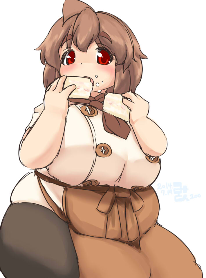 ahoge ascot bad_id bad_pixiv_id banned_artist breasts brown_hair cake chef_uniform eating eno_konoe eyebrows fat food food_on_face huge_breasts looking_at_viewer mikomu obese original red_eyes short_hair skirt solo strawberry_shortcake thick_eyebrows