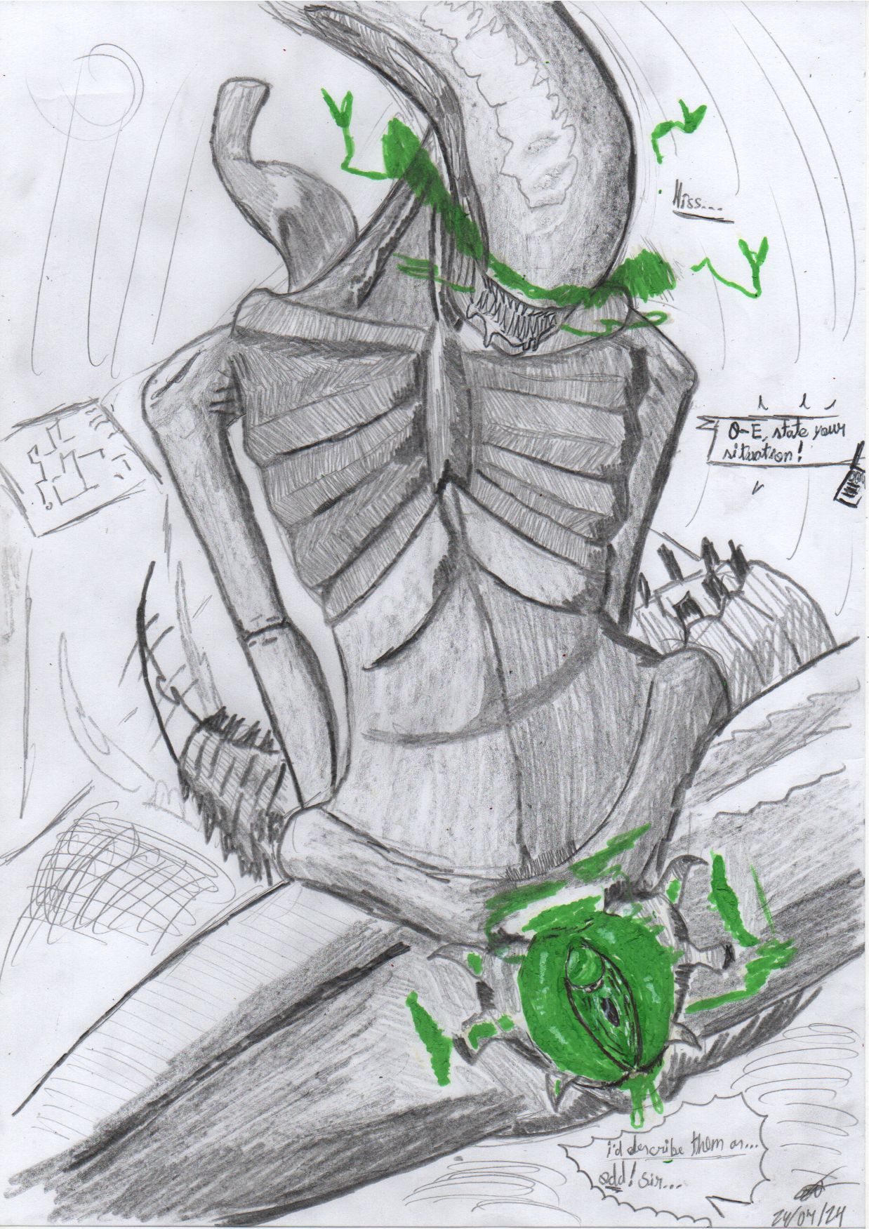 alien alien_(franchise) alien_genitalia alien_humanoid anthro blush blush_lines bodily_fluids drooling female genital_fluids genitals glowing green_pussy hi_res humanoid manga_style pussy saliva smile sofn54 spread_legs spreading traditional_media_(artwork) unusual_anatomy unusual_genitalia unusual_pussy vaginal_fluids xenomorph