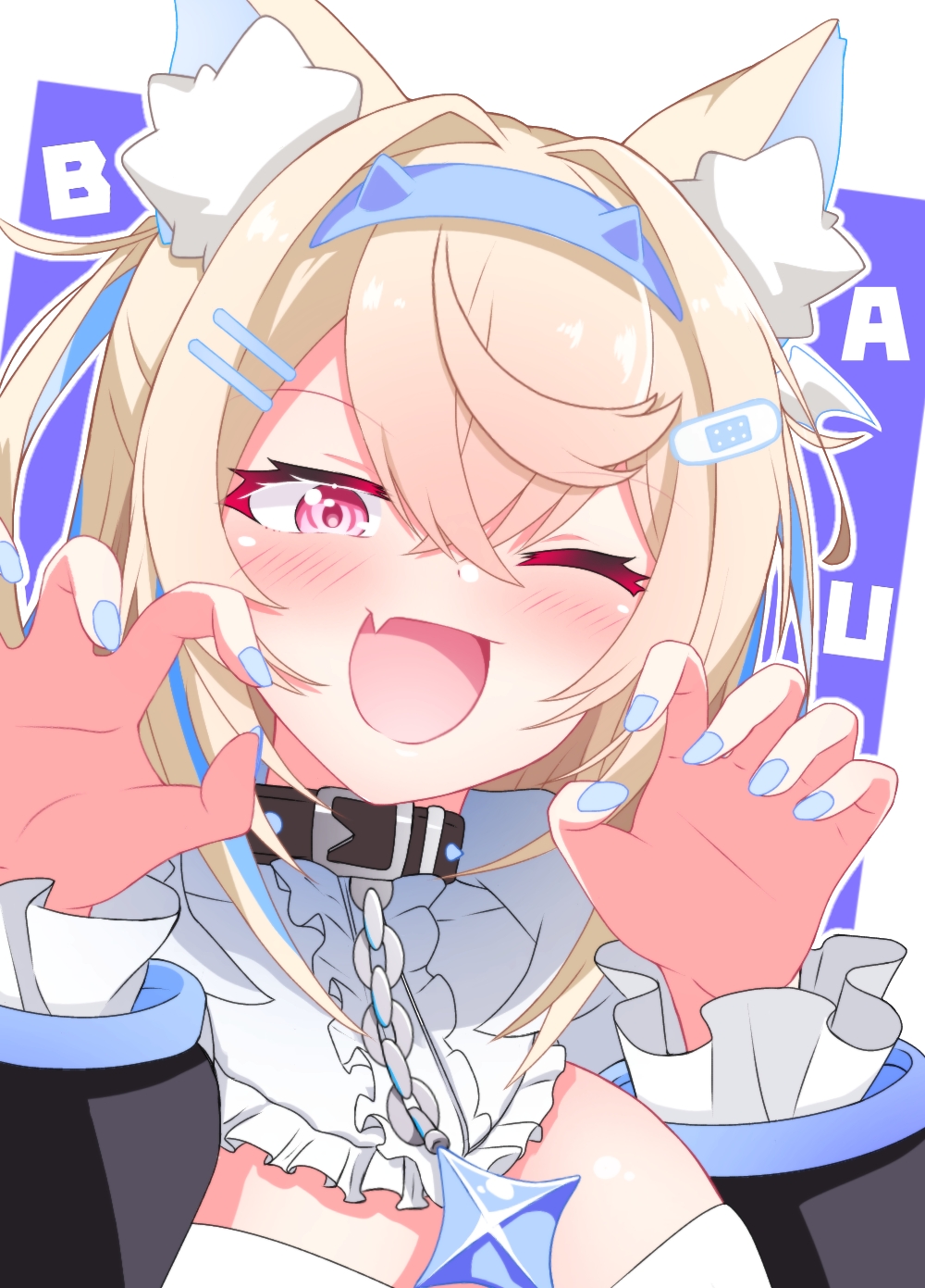 1girl animal_ear_fluff animal_ears belt_collar black_collar black_jacket blonde_hair blue_hair blue_nails blush collar dog_ears dog_girl dress fur-trimmed_jacket fur_trim fuwawa_abyssgard fuwawa_abyssgard_(1st_costume) highres hololive hololive_english jacket long_hair looking_at_viewer multicolored_hair nail_polish one_eye_closed open_mouth pink_eyes satouno_maya smile solo spiked_collar spikes streaked_hair two_side_up virtual_youtuber white_dress