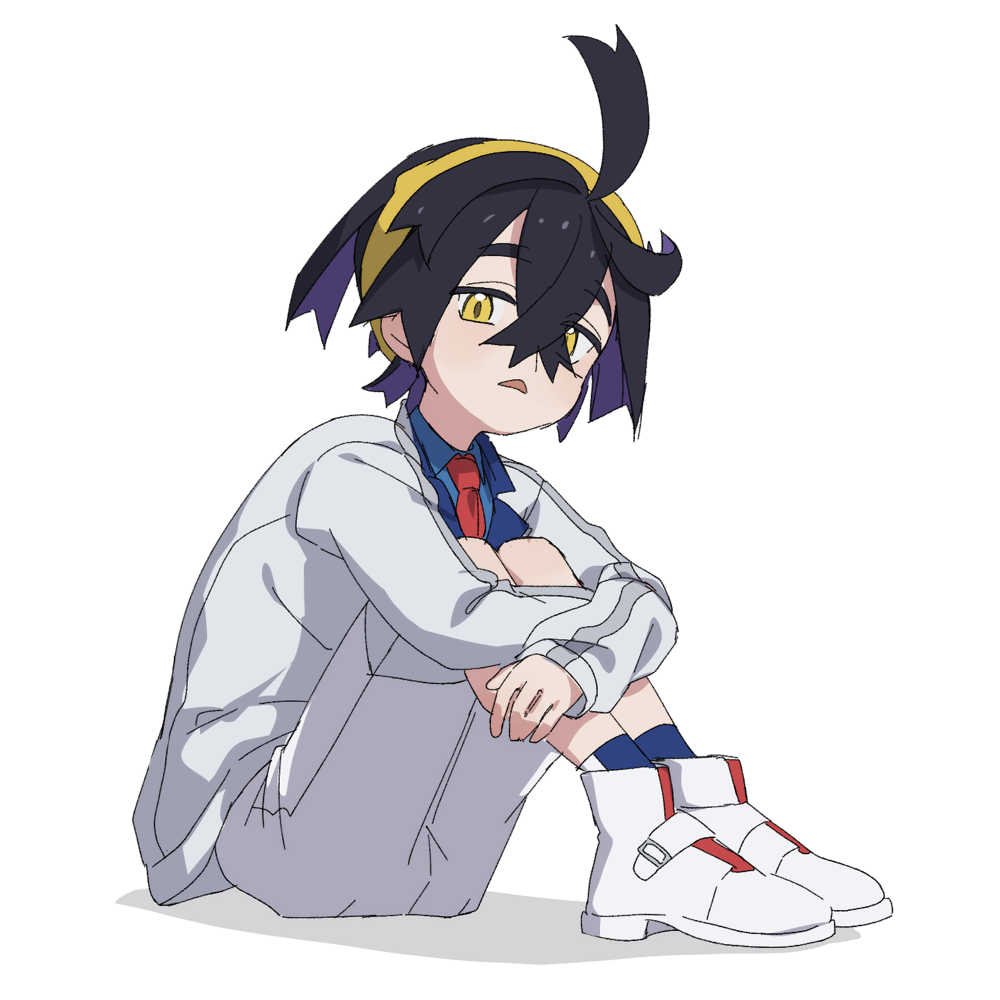 1boy black_hair blue_shirt blue_socks collared_shirt crossed_bangs full_body hair_between_eyes hairband hugging_own_legs jacket kieran_(pokemon) long_sleeves looking_at_viewer male_focus multicolored_hair nun_x_x pokemon pokemon_sv purple_hair shirt shoes shorts simple_background sitting socks solo white_background white_footwear yellow_eyes