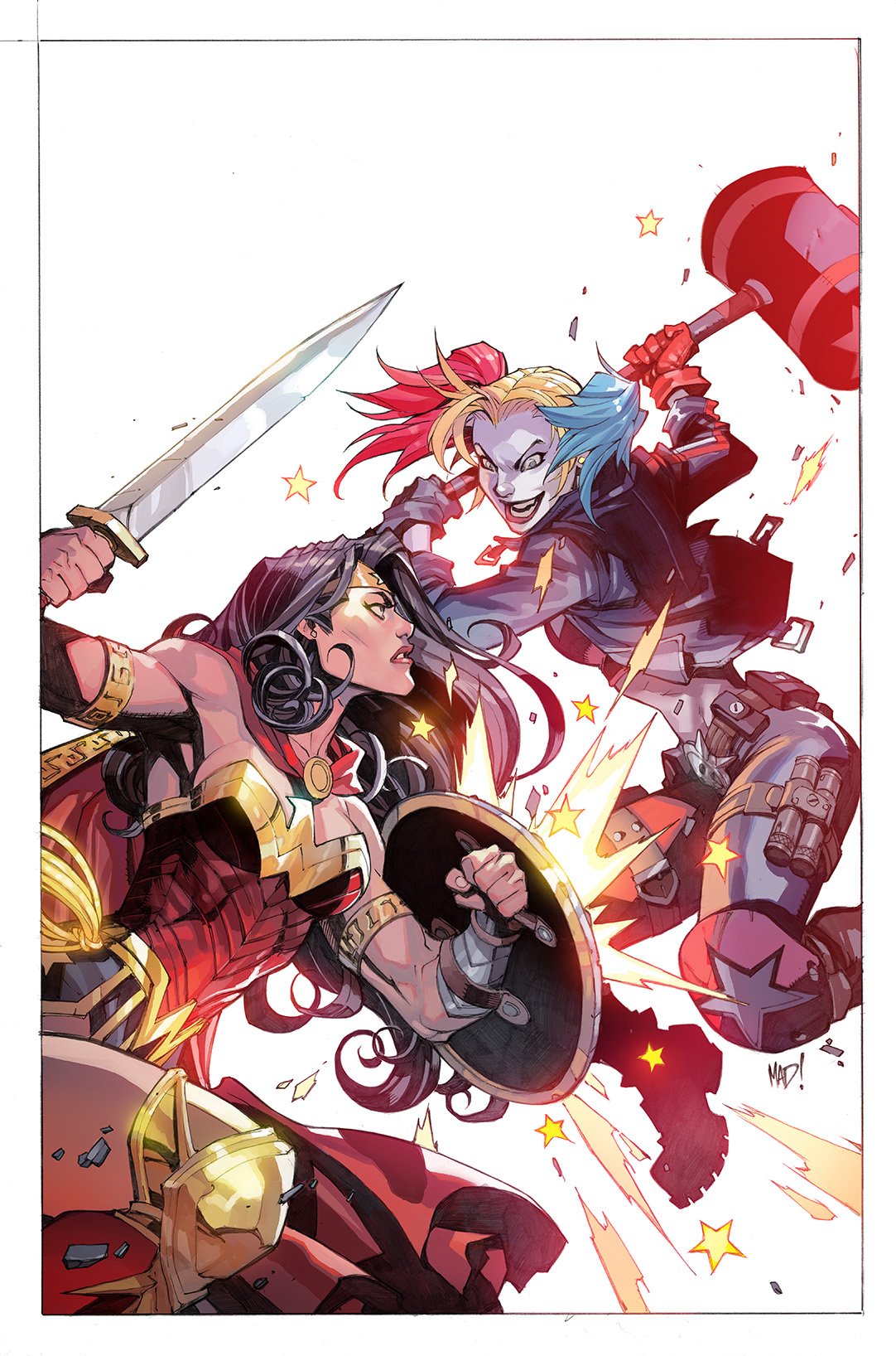2girls armlet armored_boots asymmetrical_gloves belt black_gloves black_hair black_jacket black_pants blonde_hair blue_hair boots border brown_belt cape circlet cropped_jacket dc_comics fighting_stance gloves gold_armlet hammer harley_quinn highres holding holding_hammer holding_shield holding_sword holding_weapon jacket joe_madureira knee_pads long_hair multicolored_hair multiple_girls open_clothes open_jacket outside_border pants red_cape red_gloves red_hair red_pants shield short_twintails simple_background sword thigh_strap twintails two-tone_pants weapon white_background white_border wonder_woman
