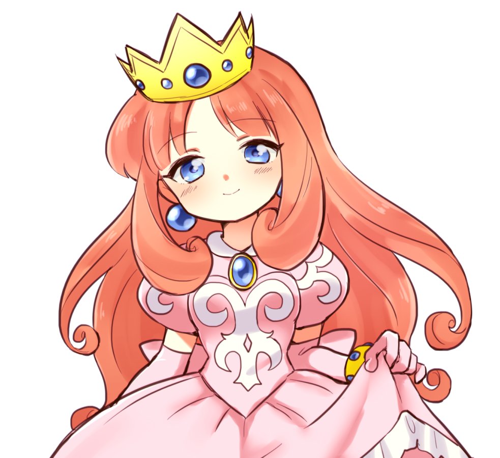 1girl blue_eyes crown dress earrings jewelry kai_himo long_hair looking_at_viewer pink_dress princess_shokora red_hair simple_background smile wario_land wario_land_4 white_background