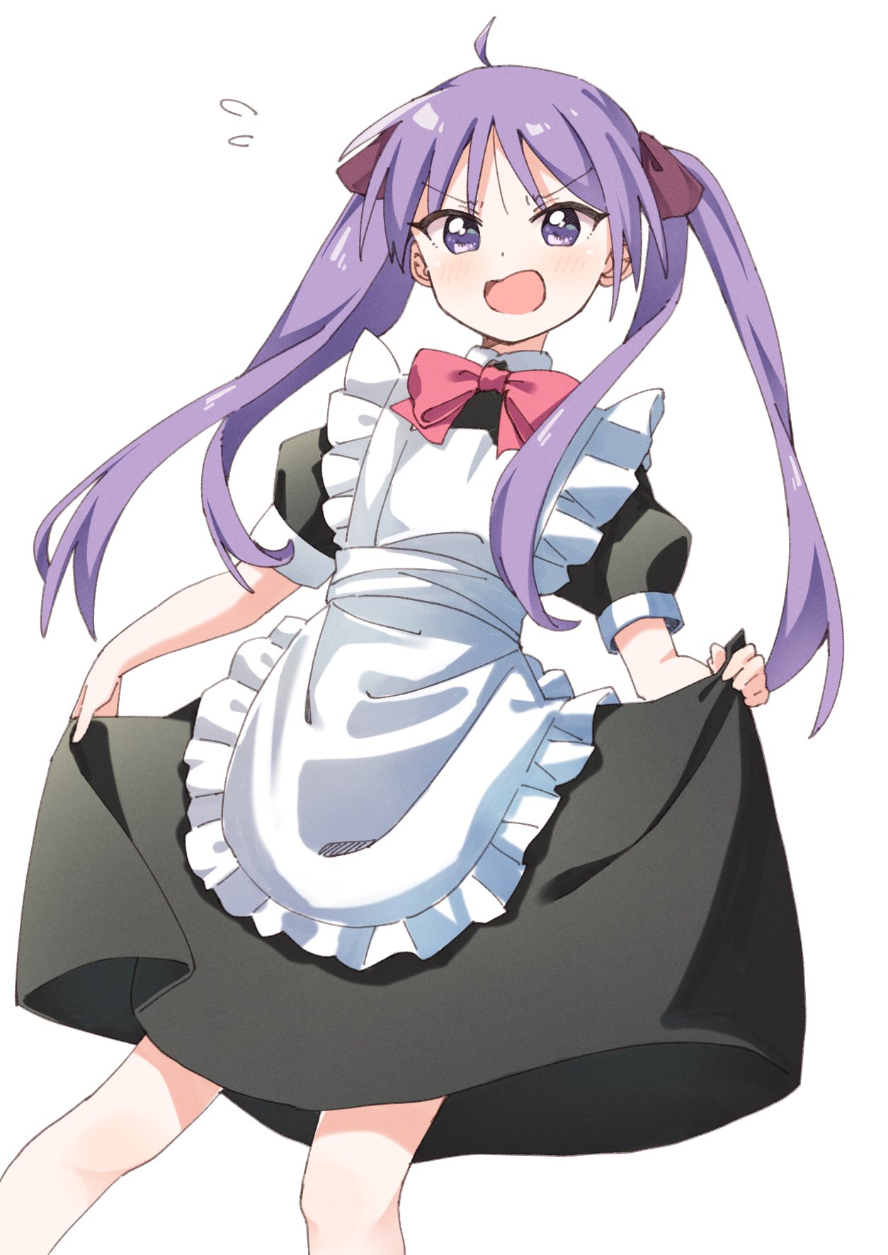 1girl ahoge alternate_costume apron black_dress blush choppy_bangs commentary cowboy_shot dress embarrassed enmaided flying_sweatdrops frilled_apron frills haru_(konomi_150) highres hiiragi_kagami long_hair looking_at_viewer lucky_star maid maid_apron open_mouth puffy_short_sleeves puffy_sleeves purple_eyes purple_hair short_sleeves simple_background skirt_hold solo tsurime twintails white_apron white_background