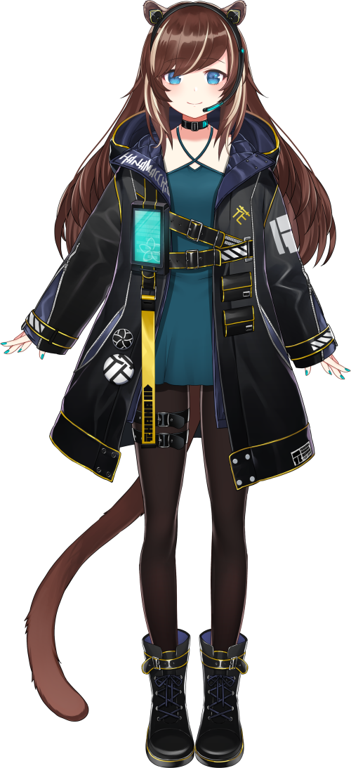 1girl animal_ears anonymous_(nijisanji) belt belt_buckle black_belt black_choker black_jacket black_pantyhose blue_dress blue_eyes blue_nails boots brown_hair buckle character_name choker dress floral_print full_body gold_trim hana_macchia hana_macchia_(2nd_costume) headset hood hooded_jacket jacket long_hair looking_at_viewer multicolored_hair nail_polish nijisanji nijisanji_id official_alternate_costume official_art pantyhose pouch sakuramon sleeves_past_wrists smile solo streaked_hair swept_bangs tachi-e tactical_clothes tail techwear transparent_background virtual_youtuber white_hair wristband