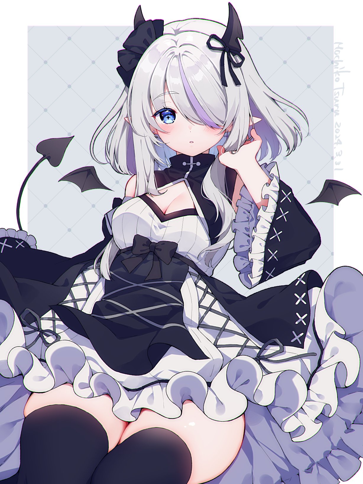 1girl artist_name black_capelet black_horns black_skirt black_thighhighs blue_eyes border bow breasts capelet cleavage collared_capelet commentary_request commission cowboy_shot cross-laced_clothes cross-shaped_pupils dated demon_girl demon_horns demon_tail demon_wings detached_sleeves detached_wings dress dress_bow ear_piercing frilled_dress frilled_sleeves frills grey_background grey_hair hand_up highres horn_ornament horn_ribbon horns medium_hair mochiko_tsuru multicolored_hair one_eye_covered original outside_border parted_lips piercing pointy_ears ribbon signature simple_background sitting skeb_commission skirt solo streaked_hair swept_bangs symbol-shaped_pupils tail thighhighs thighs two-tone_hair white_border white_dress wide_sleeves wings yamai_yurika