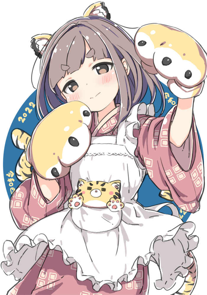 1girl animal_costume animal_ears animal_hands animal_print apron blunt_bangs blush brown_eyes chinese_new_year chinese_zodiac circle closed_mouth cowboy_shot dot_nose frilled_apron frills gloves grey_hair hands_up head_tilt japanese_clothes kimono kuresuku_(lessons) long_sleeves looking_at_viewer medium_hair original patterned_clothing paw_gloves pink_kimono short_eyebrows smile solo stuffed_animal stuffed_toy tail thick_eyebrows thick_eyelashes tiger_costume tiger_ears tiger_paws tiger_print tiger_tail v-shaped_eyebrows white_apron white_background wide_sleeves year_of_the_tiger