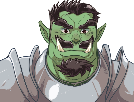 1boy adam's_apple armor bara beard colored_skin facial_hair forked_eyebrows goatee green_skin huge_eyebrows male_focus mature_male monster_boy orc original paid_reward_available plate_armor portrait short_hair simple_background solo thick_beard thick_mustache thick_neck tusks white_background zettoken