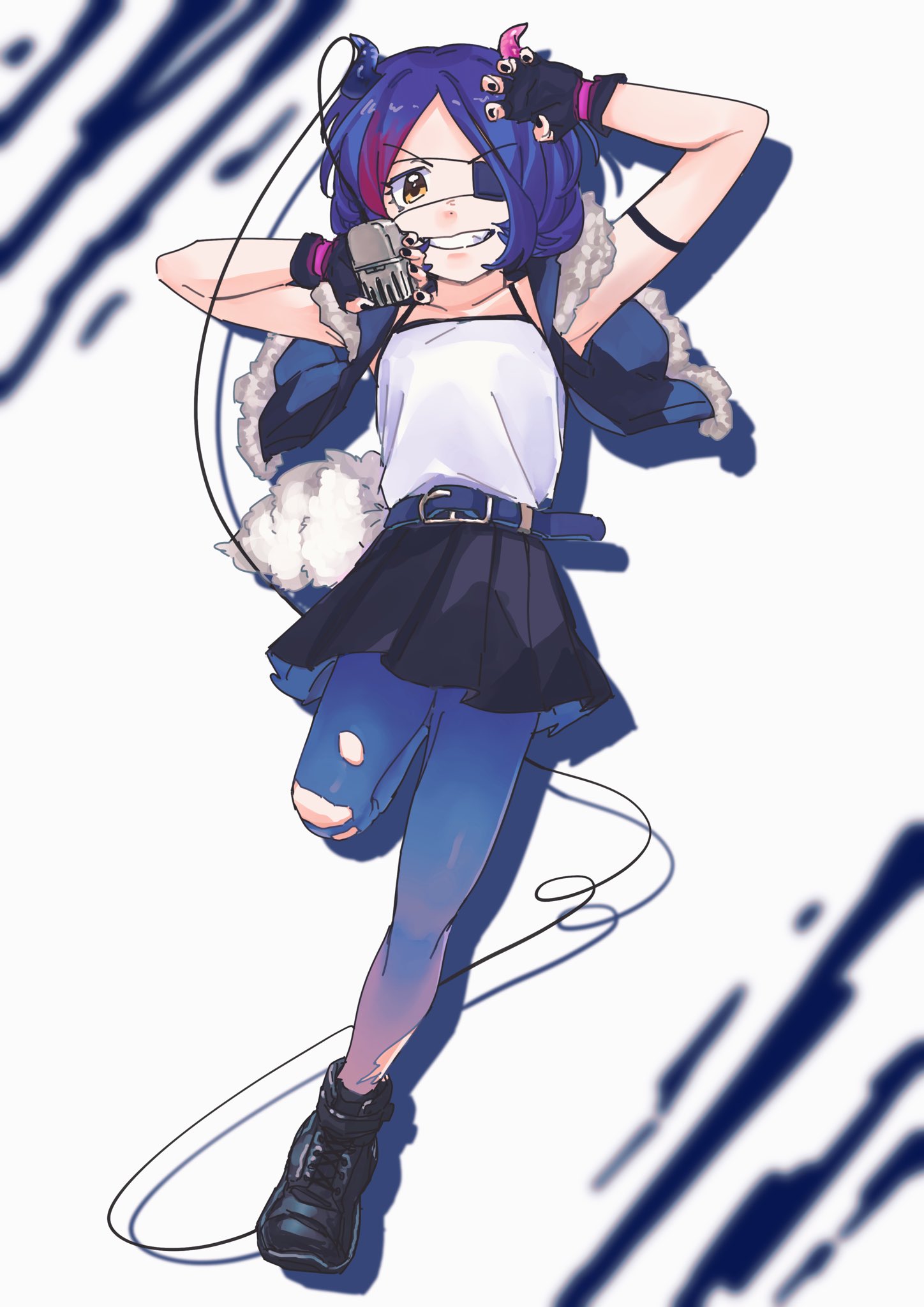 1girl armpits belt brown_eyes cinderella_girls_gekijou eyepatch fang gloves hayasaka_mirei heart heart_eyepatch highres horns idolmaster idolmaster_cinderella_girls idolmaster_cinderella_girls_starlight_stage looking_at_viewer microphone multicolored_hair perikamo purple_hair short_hair skirt smile solo streaked_hair tank_top torn_clothes vintage_microphone