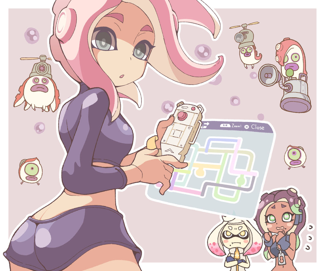 3girls :o agent_8_(splatoon) amatta_page aqua_eyes aqua_hair ass black_gloves black_shirt black_skirt blonde_hair blush_stickers brown_hair butt_crack cephalopod_eyes closed_mouth commentary_request cowboy_shot crop_top crossed_arms crown dark-skinned_female dark_skin dress fingerless_gloves flying_sweatdrops from_behind gloves green_eyes headphones inkling long_hair long_sleeves looking_back map marina_(splatoon) medium_hair midriff miniskirt mole mole_under_mouth multicolored_hair multiple_girls octarian_(enemy) octoball octobomber octocopter octoling octoling_girl octoling_player_character octotrooper open_mouth outline pearl_(splatoon) pink_background pink_hair pink_pupils red_hair shirt skirt sleeveless sleeveless_dress splatoon_(series) splatoon_2 splatoon_2:_octo_expansion star-shaped_pupils star_(symbol) suction_cups symbol-shaped_pupils tentacle_hair two-tone_hair white_dress white_outline wristband yellow_eyes zipper zipper_pull_tab