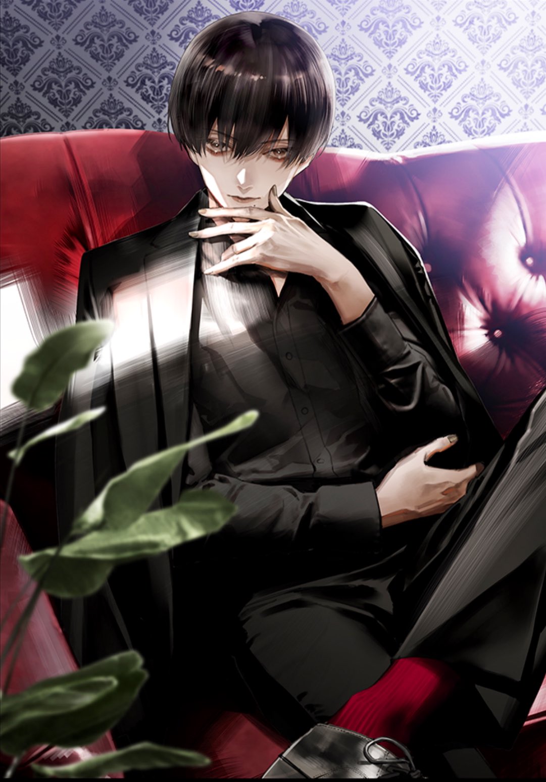 1boy black_hair black_jacket black_shirt blurry blurry_foreground brown_eyes closed_mouth collared_shirt couch crossed_legs dress_shirt ellery_(jukkakukan_no_satsujin) formal hair_between_eyes hand_on_own_face highres jacket jacket_on_shoulders jukkakukan_no_satsujin kiyohara_hiro long_bangs long_sleeves looking_at_viewer male_focus mole mole_under_mouth plant red_socks shirt short_hair sitting socks solo