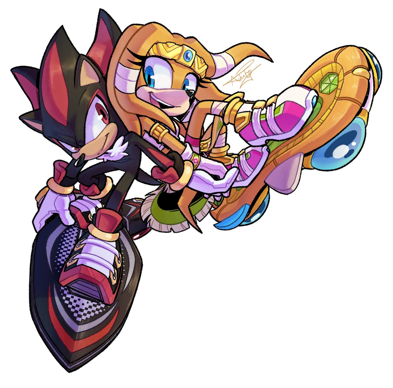 1boy 1girl aideneye99 armlet black_fur blue_eyes circlet furry furry_female furry_male gloves gold_armlet highres hoverboard open_mouth orange_fur pink_footwear red_eyes red_footwear red_fur shadow_the_hedgehog shoes signature simple_background sonic_(series) sonic_riders teeth tikal_the_echidna two-tone_footwear two-tone_fur upper_teeth_only white_background white_footwear white_gloves