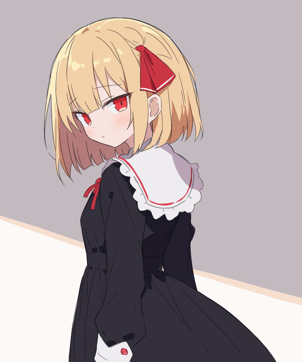 1girl arms_at_sides black_dress blonde_hair blush bow closed_mouth cowboy_shot dot_nose dress from_side grey_background hair_bow highres izumiizumi01 long_sleeves looking_at_viewer neck_ribbon red_bow red_eyes red_ribbon ribbon rumia sailor_collar sailor_dress short_hair sidelocks simple_background sleeve_cuffs solo touhou two-tone_background white_background white_sailor_collar