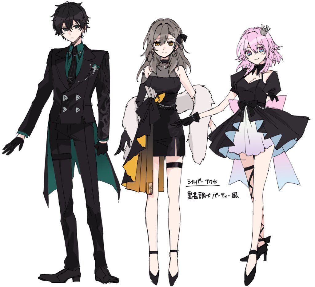 1boy 2girls bare_legs bare_shoulders black_dress black_footwear black_gloves black_hair black_jacket black_necktie black_pants commentary_request dan_heng_(honkai:_star_rail) dress feather_boa gloves green_shirt grey_eyes grey_hair hatuki_82 high_heels honkai:_star_rail honkai_(series) jacket long_hair march_7th_(honkai:_star_rail) multiple_girls necktie pants pink_hair shirt shoes short_dress short_hair simple_background stelle_(honkai:_star_rail) thigh_strap trailblazer_(honkai:_star_rail) white_background