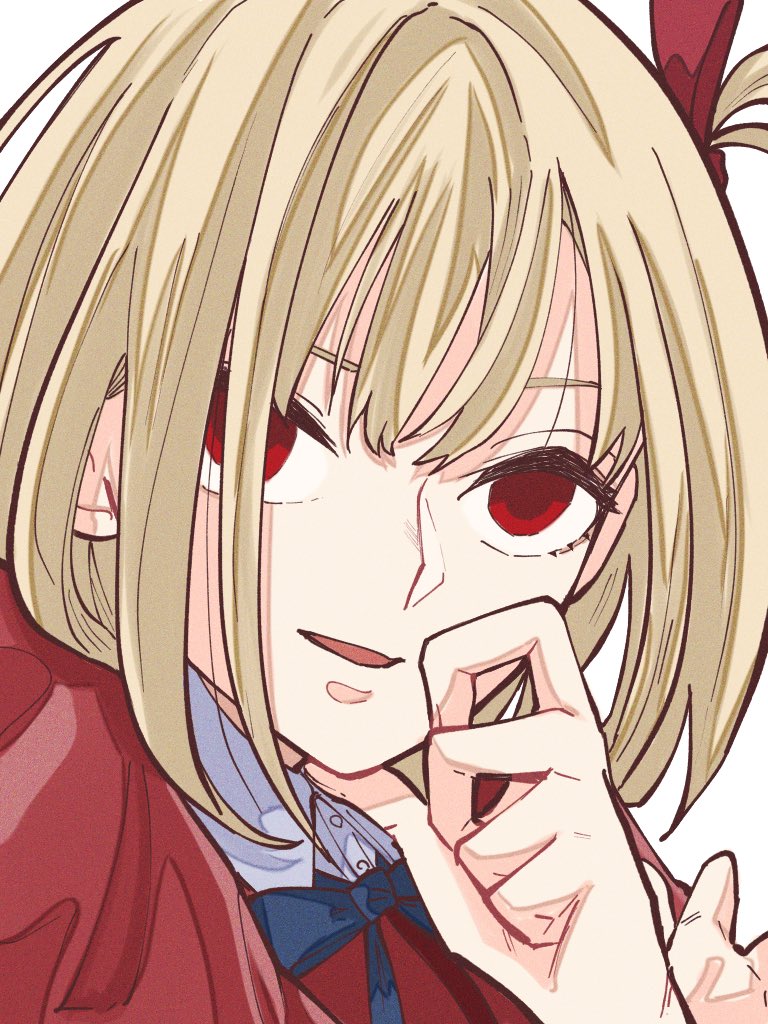 1girl blonde_hair blue_ribbon commentary_request dress hair_ribbon hand_up lycoris_recoil lycoris_uniform medium_hair neck_ribbon nishikigi_chisato parted_lips red_dress red_eyes red_ribbon ribbon shiratama_draw simple_background solo upper_body white_background