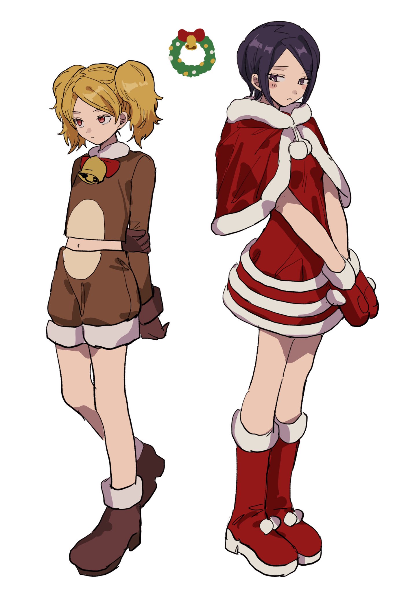 2girls alternate_costume animal_costume aoi_(yooo009) bell blonde_hair blush boots bow brown_footwear brown_shorts capelet christmas christmas_wreath closed_mouth cowbell dress full_body fur-trimmed_boots fur-trimmed_capelet fur-trimmed_dress fur-trimmed_gloves fur_trim gloves highres kitora_ai kuroe_futaba long_hair multiple_girls navel parted_bangs purple_hair red_dress red_eyes red_footwear red_gloves reindeer_costume santa_capelet santa_costume santa_gloves short_dress short_hair shorts simple_background skirt standing twintails white_background world_trigger wreath