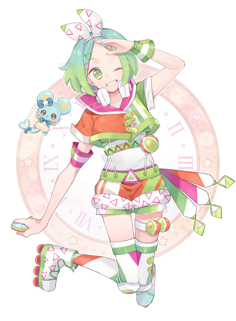 1girl arm_up armband blue_hair bow bow_hairband chiri_(ch!) chuppe clock cropped_shirt full_body gradient_hair green_eyes green_hair grin hair_bow hairband headphones headphones_around_neck idol_clothes idol_time_pripara looking_at_viewer mouse_(animal) multicolored_clothes multicolored_hair multicolored_shorts nijiiro_nino one_eye_closed open_mouth pretty_series pripara roller_skates short_hair shorts skates smile solo swept_bangs thigh_strap third-party_source white_hairband wrist_cuffs