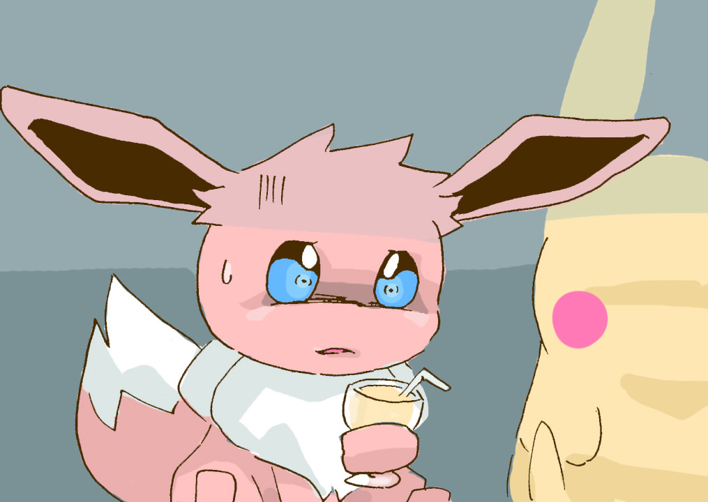 2019 blue_eyes bodily_fluids brown_body brown_fur container cup drinking_glass drinking_straw duo eevee faceless_character fur generation_1_pokemon get_it_go glass glass_container glass_cup holding_glass holding_object looking_at_object neck_tuft nintendo pikachu pokemon pokemon_(species) red_cheeks scared sitting solo_focus sweat sweatdrop tuft wine_glass yellow_body