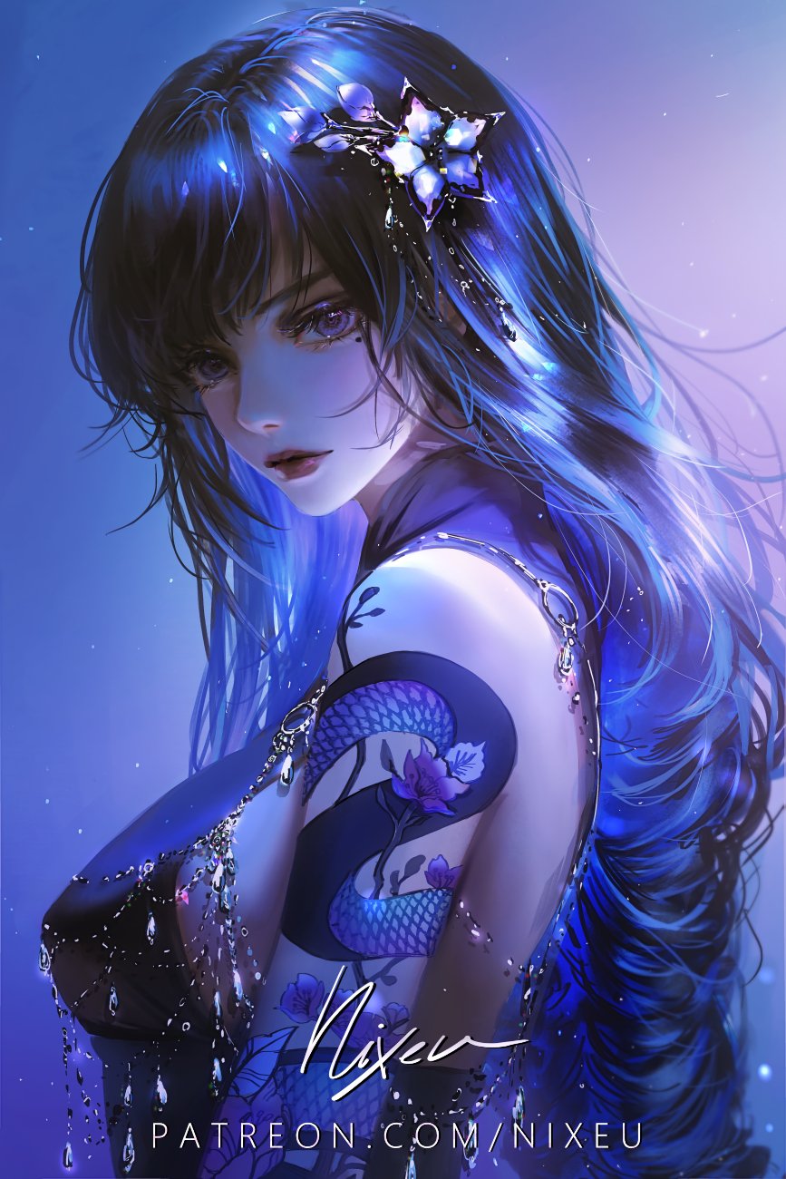 1girl arm_tattoo back bare_shoulders braid breasts flower_tattoo genshin_impact gradient_background highres jewelry long_hair looking_at_viewer medium_breasts mole mole_under_eye nixeu parted_lips patreon_username purple_eyes purple_hair purple_theme raiden_shogun red_lips signature snake_tattoo solo tattoo three_quarter_view upper_body very_long_hair web_address