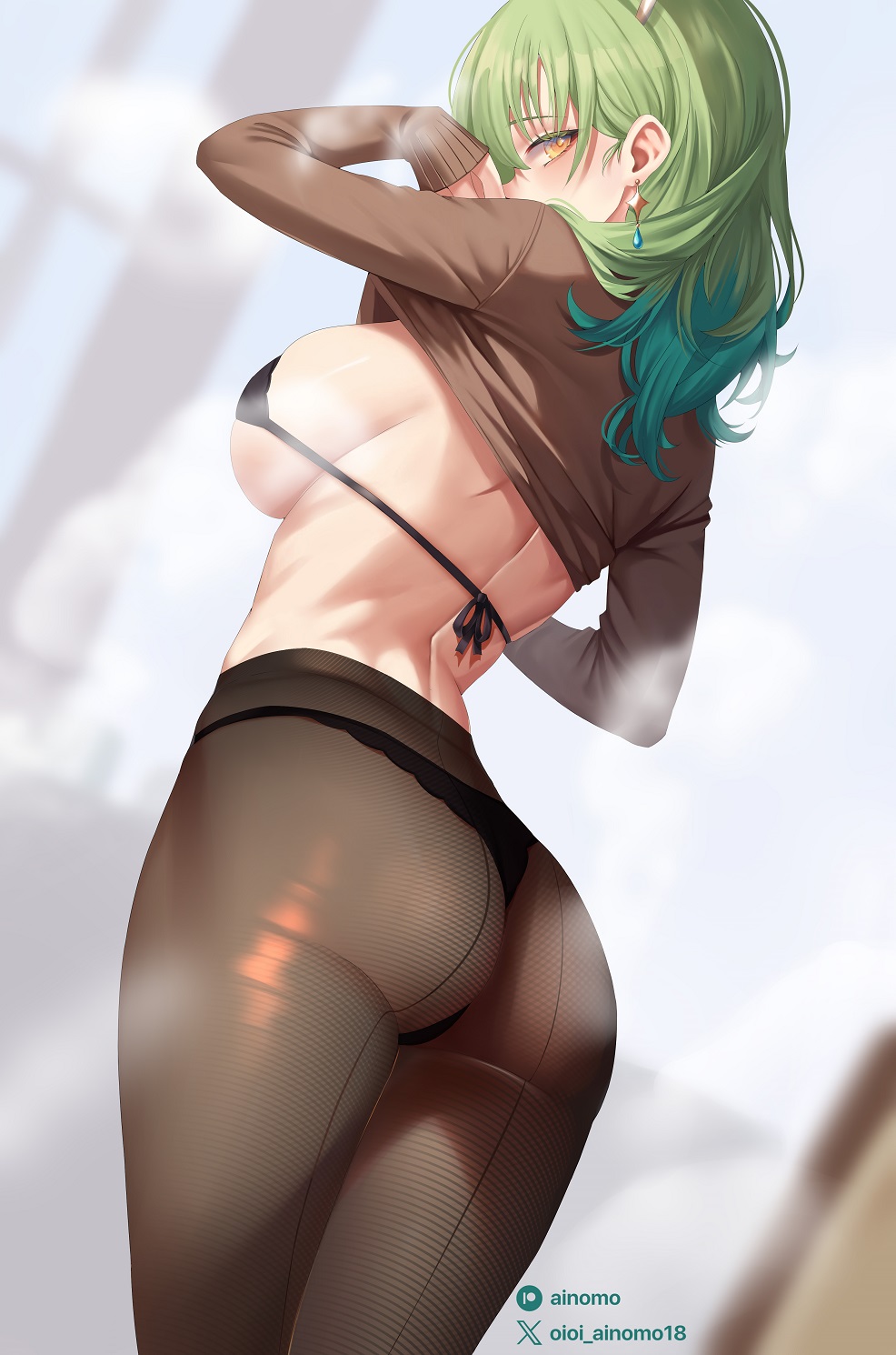 1girl ass black_bra black_panties bra breasts brown_shirt ceres_fauna clothes_lift earrings from_behind green_hair highres hololive hololive_english jewelry large_breasts long_hair looking_at_viewer looking_back median_furrow multicolored_hair oioi_ainomo panties panties_under_pantyhose pantyhose patreon_username shirt shirt_lift solo twitter_username two-tone_hair underwear virtual_youtuber yellow_eyes