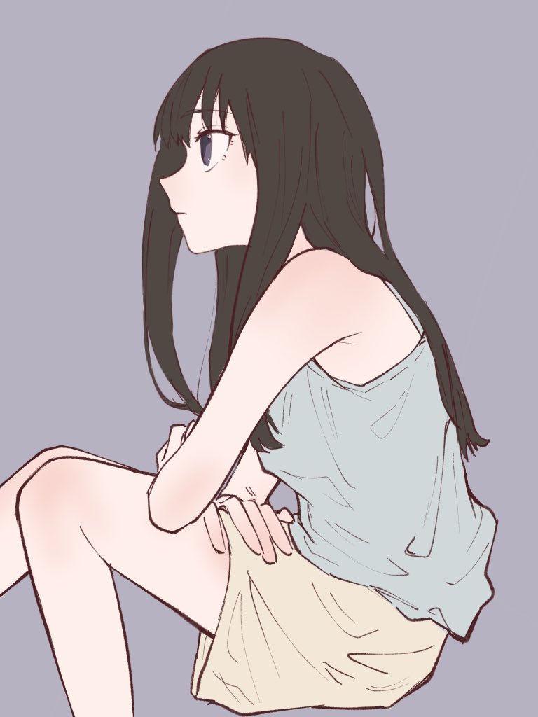 1girl bare_arms black_hair blue_tank_top closed_mouth commentary_request expressionless feet_out_of_frame from_side grey_background grey_shorts inoue_takina long_hair lycoris_recoil profile purple_eyes shiratama_draw shorts simple_background sitting solo tank_top