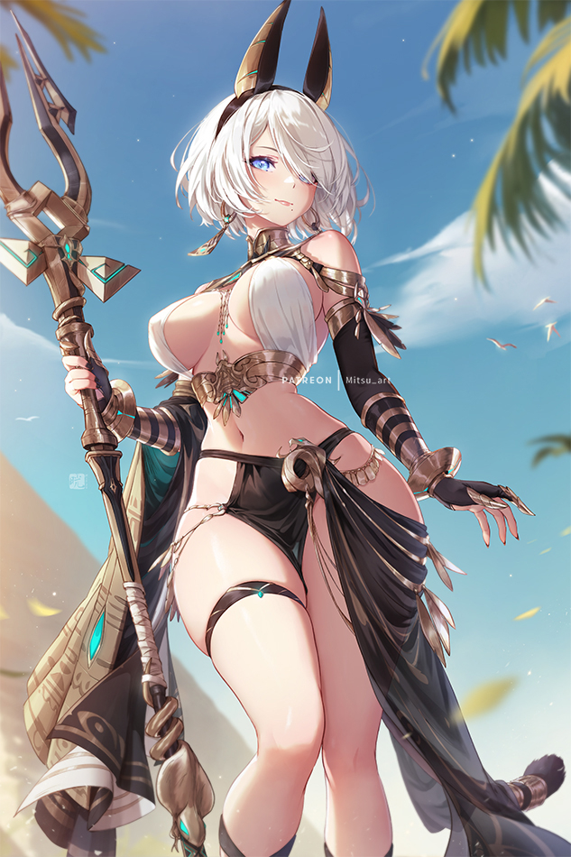 1girl 2b_(nier:automata) animal_ears bird black_nails blue_eyes blue_sky breasts closed_mouth cloud day earrings egyptian fake_animal_ears hair_over_one_eye holding holding_staff jackal_ears jewelry large_breasts lips mitsu_(mitsu_art) mole mole_under_mouth navel nier:automata nier_(series) outdoors palm_tree pyramid_(structure) short_hair skindentation sky smile solo staff standing tail thigh_strap tree white_hair