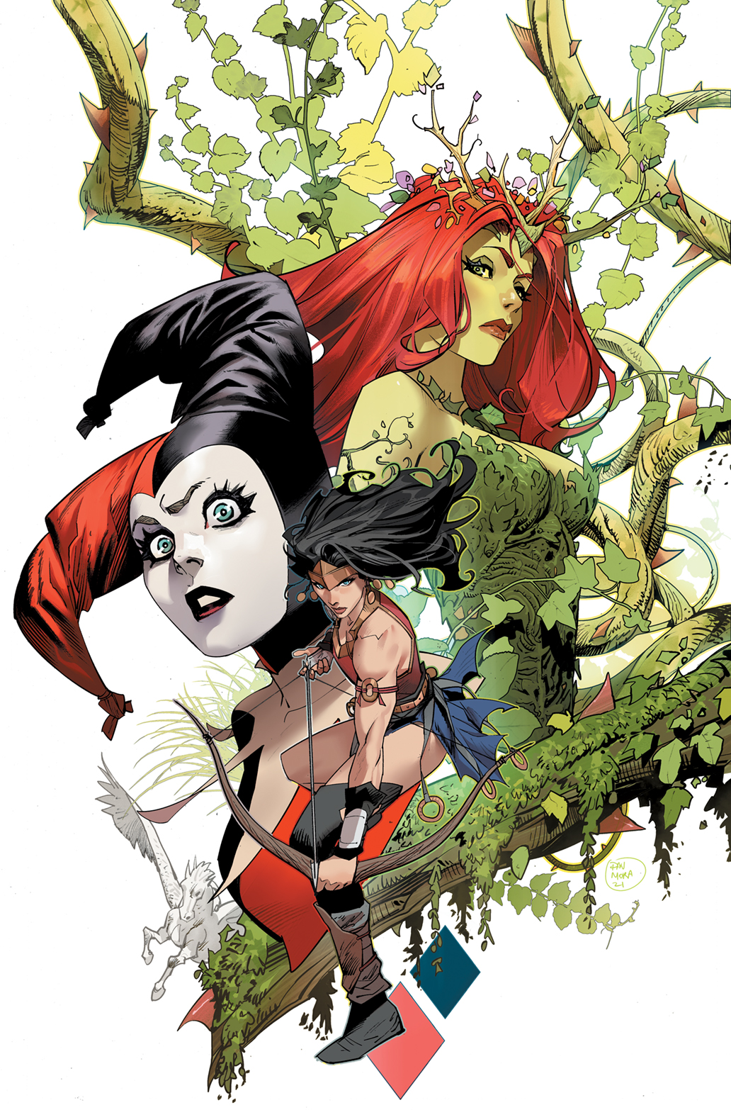 3girls alternate_costume black_hair black_hat blue_eyes bow_(weapon) circlet colored_skin dan_mora dc_comics green_eyes green_skin harley_quinn hat highres holding holding_bow_(weapon) holding_weapon jester_cap leaf leaf_clothing leaf_leotard long_hair moss multiple_girls pegasus plant plant_clothing poison_ivy red_hair red_hat two-tone_hat vines weapon white_background white_skin wonder_woman