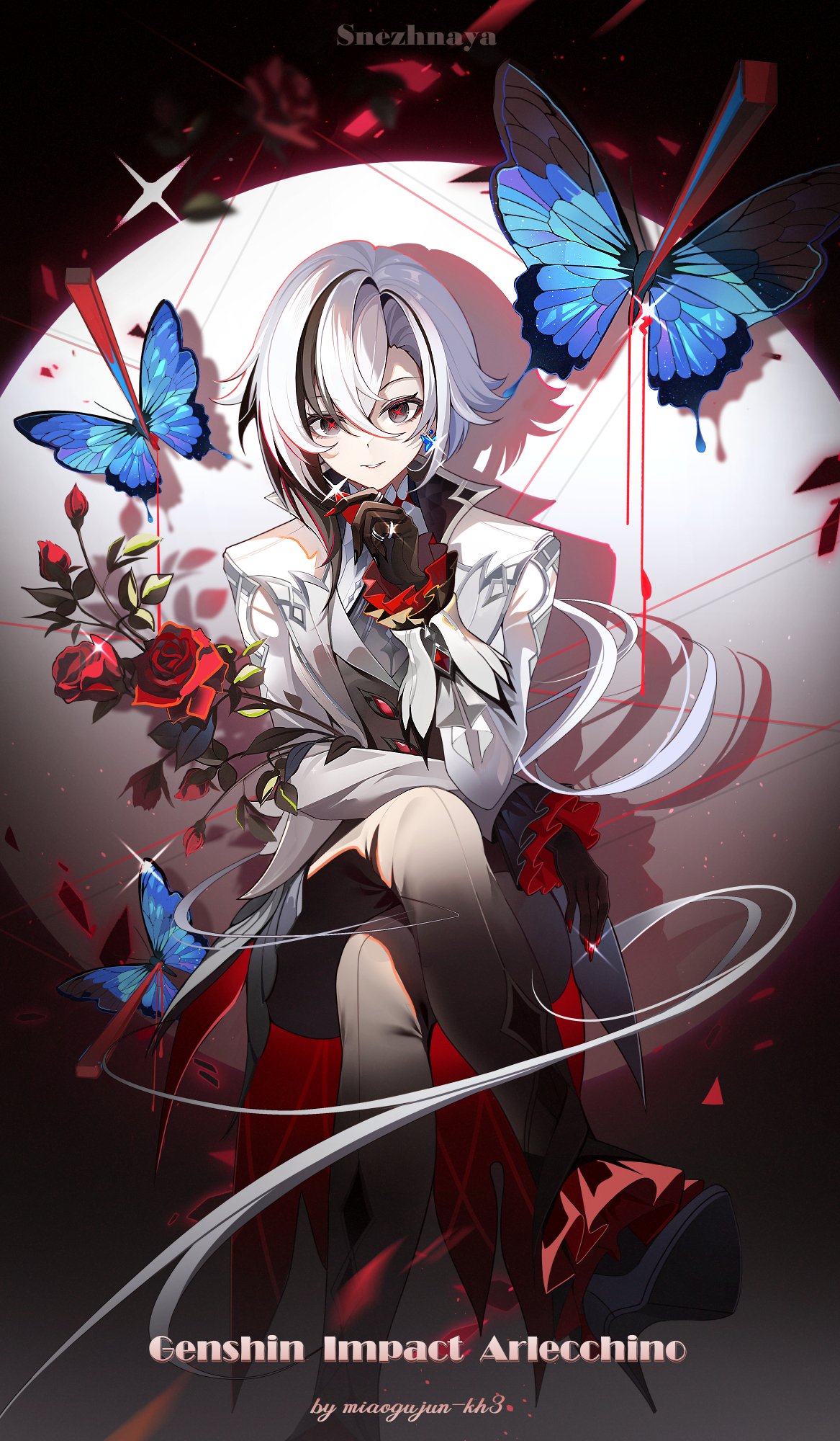 1girl arlecchino_(genshin_impact) black_eyes black_pants bug butterfly commentary_request drop_shadow flower foot_out_of_frame genshin_impact highres jacket long_hair looking_at_viewer miaogujun pants parted_lips red_flower red_rose rose sitting smile solo very_long_hair white_hair white_jacket