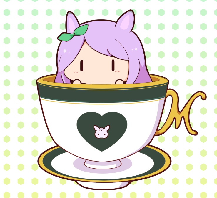 1girl animal_ears blush_stickers chibi cup ear_ribbon gomashio_(goma_feet) green_ribbon hands_up horse_ears in_container in_cup mejiro_mcqueen_(racehorse) mejiro_mcqueen_(umamusume) mini_person minigirl peeking_out polka_dot polka_dot_background purple_hair ribbon solo swept_bangs teacup umamusume white_background |_|