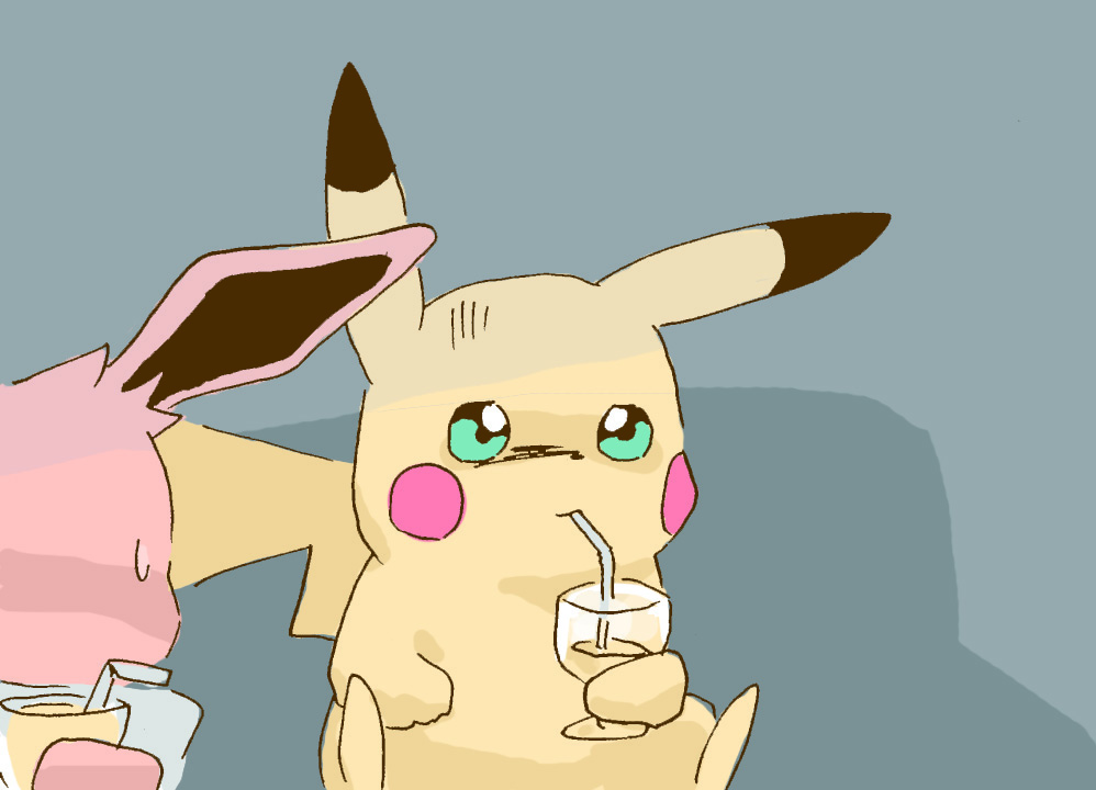 2019 ambiguous_gender bodily_fluids container cup drinking drinking_glass drinking_straw duo eevee faceless_character front_view generation_1_pokemon get_it_go glass glass_container glass_cup holding_glass holding_object neck_tuft nintendo pikachu pokemon pokemon_(species) red_cheeks sitting solo_focus sweat sweatdrop tuft wine_glass yellow_body