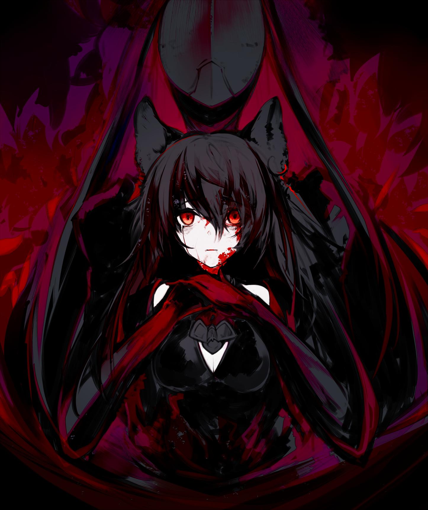 1girl 1other animal_ear_piercing animal_ears arknights black_background black_dress black_gloves black_hair blood blood_in_hair blood_on_face blood_on_hands breasts character_request check_character check_copyright cleavage closed_mouth copyright_request crying crying_with_eyes_open dress expressionless gloves hair_between_eyes hands_on_another's_neck highres large_breasts long_bangs long_hair looking_at_viewer messy_hair orange_eyes red_background solo tears tears_from_one_eye texas_(arknights) tugmix upper_body