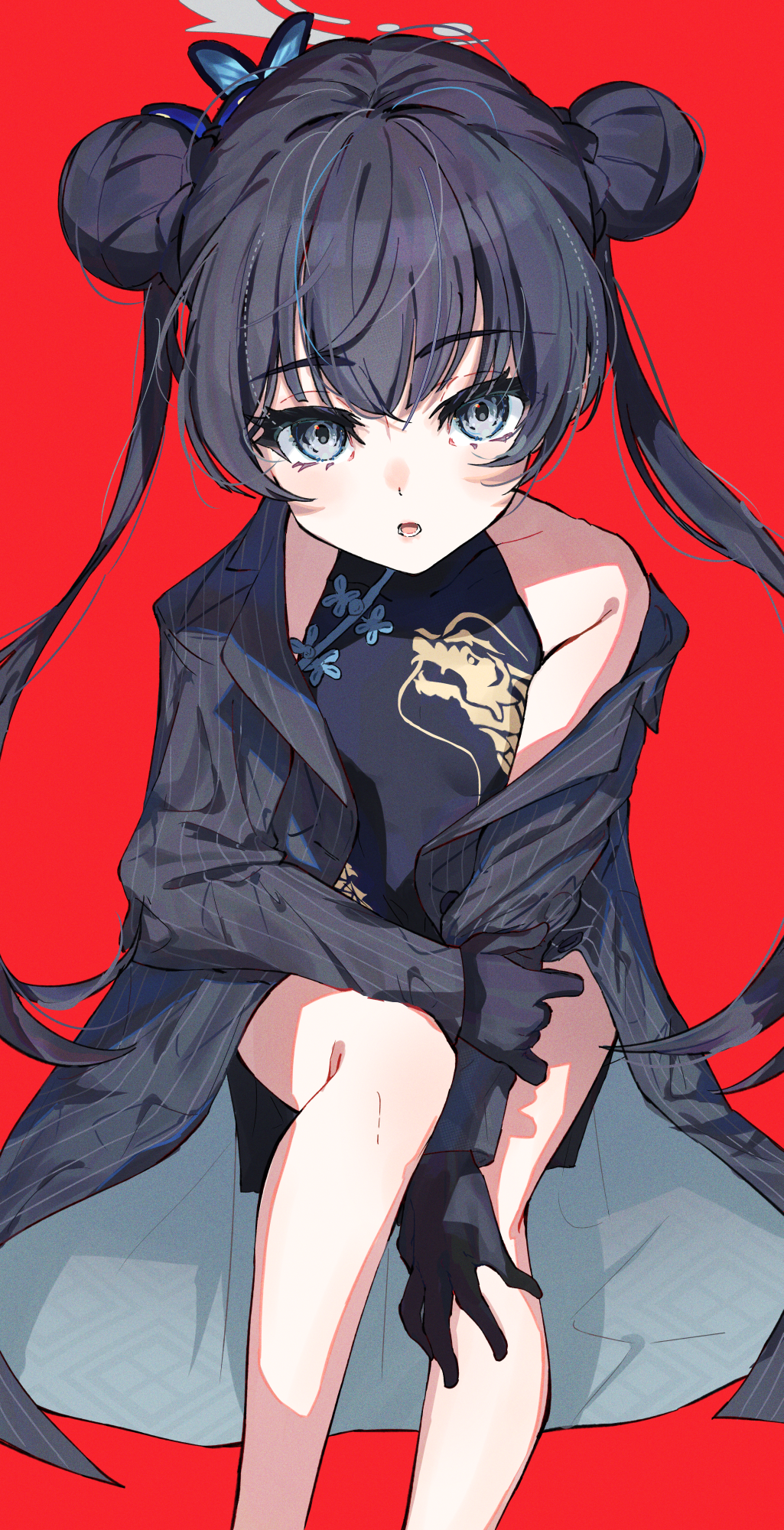 1girl bare_shoulders black_dress black_gloves black_hair blue_archive braid braided_bun breasts butterfly_hair_ornament china_dress chinese_clothes coat double_bun dragon_print dress gloves grey_eyes grey_halo hair_bun hair_ornament halo hanozuku highres jacket kisaki_(blue_archive) long_hair looking_at_viewer off_shoulder open_mouth pinstripe_pattern print_dress red_background sleeveless sleeveless_dress small_breasts solo striped_clothes striped_coat striped_jacket twintails vertical-striped_clothes vertical-striped_coat vertical-striped_jacket