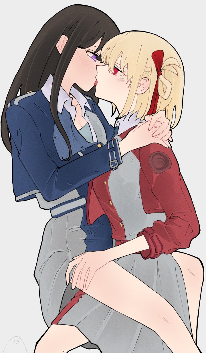 2girls arm_around_neck bare_legs black_hair blonde_hair blue_dress blush commentary dress french_kiss grey_background hair_ribbon hand_on_another's_shoulder hand_on_another's_thigh highres inoue_takina kiss long_hair long_sleeves lycoris_recoil lycoris_uniform medium_hair multiple_girls nishikigi_chisato one_side_up open_clothes open_dress pleated_skirt purple_eyes red_eyes red_ribbon ribbon shiratama_draw simple_background sitting sitting_on_lap sitting_on_person skirt tearing_up tears tongue yuri