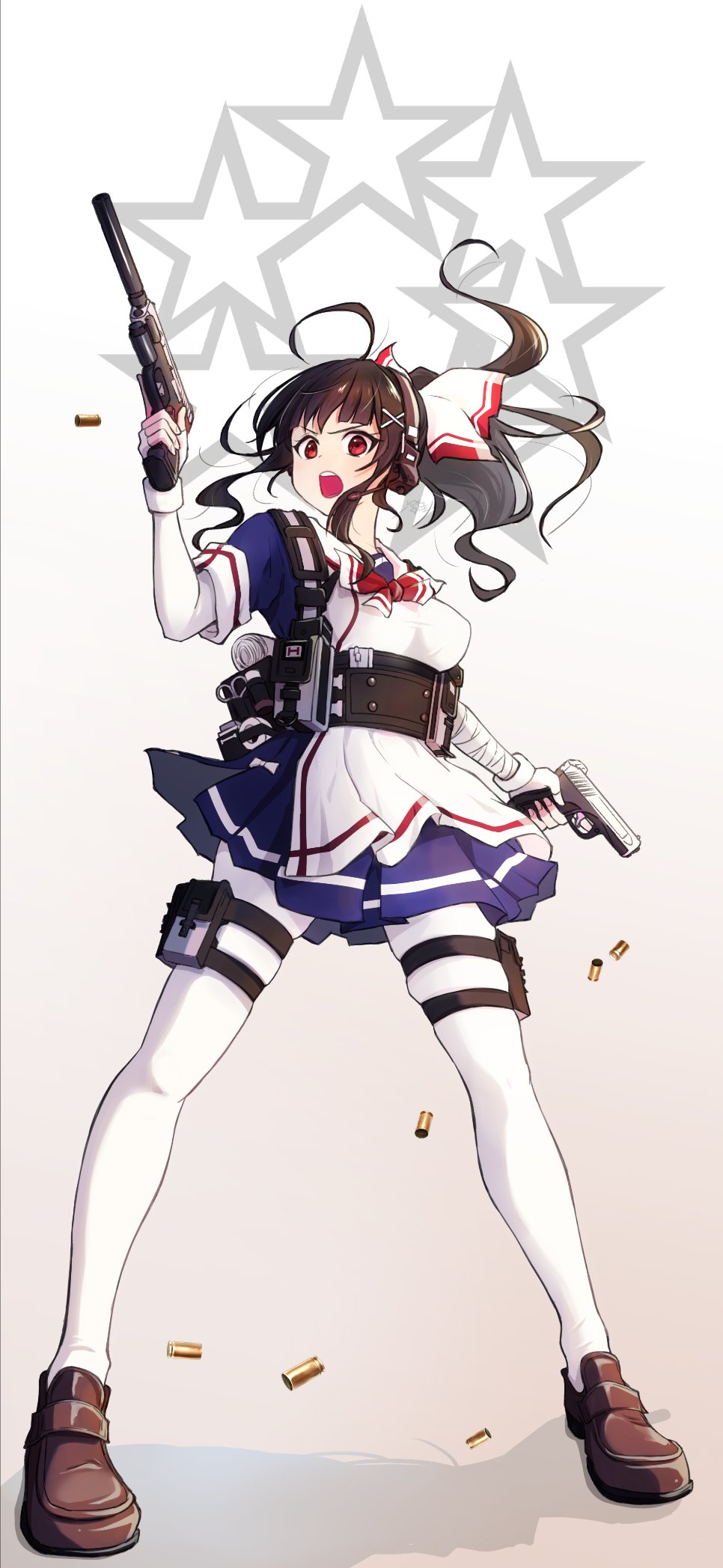 1girl apron black_hair bow breasts commission full_body girls'_frontline gsh-18_(girls'_frontline) gsh-18_(mod3)_(girls'_frontline) gun high_ponytail highres holding holding_gun holding_weapon loafers looking_at_viewer medium_breasts official_alternate_costume open_mouth pantyhose red_eyes sakurapiyo2 shoes skeb_commission skirt solo standing weapon white_pantyhose