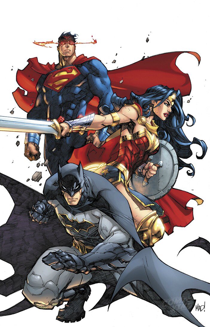 1girl 2boys armlet batman black_cape black_hair blue_bodysuit bodysuit cape circlet dc_comics gold_armlet grey_bodysuit holding holding_shield holding_sword holding_weapon joe_madureira long_hair multiple_boys red_cape shield short_hair simple_background superman sword vambraces weapon white_background wonder_woman