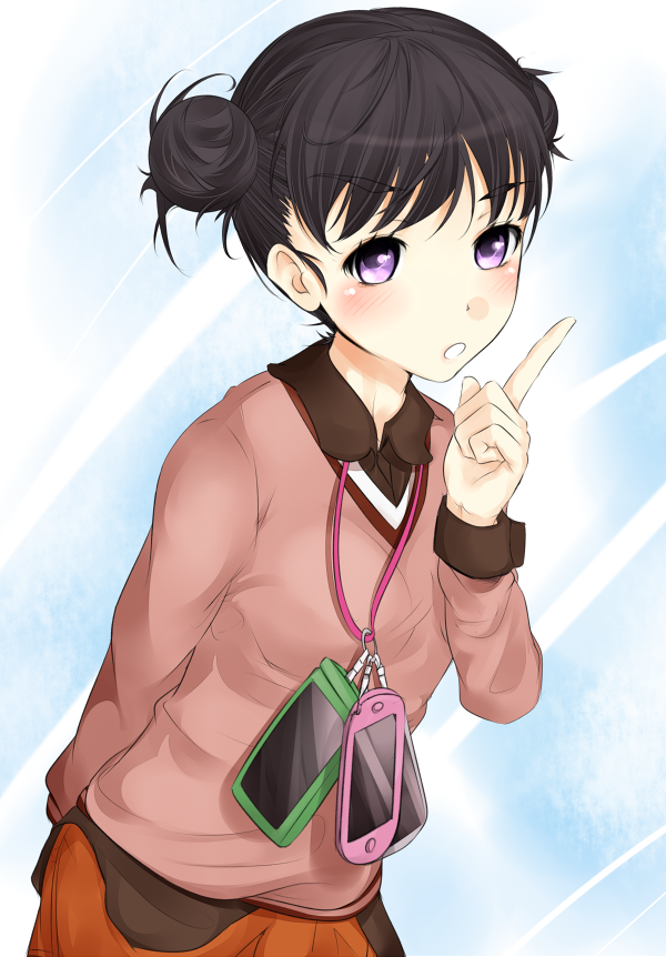 1girl black_hair blue_background blush brown_collar cellphone check_commentary collar commentary commentary_request dot_nose double_bun hair_bun hand_up handheld_game_console index_finger_raised kihara_enshuu long_sleeves looking_at_viewer medium_bangs open_mouth orange_skirt partial_commentary phone pink_sweater purple_eyes shin_(highest1192) short_hair skirt smartphone solo sweater toaru_majutsu_no_index toaru_majutsu_no_index:_new_testament upper_body