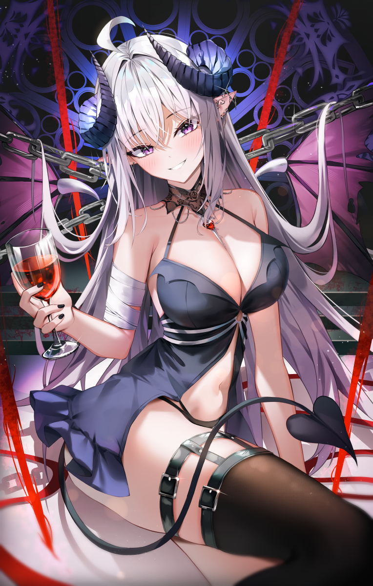 1girl ahoge alcohol babydoll bare_arms bare_shoulders black_babydoll black_panties breasts brown_thighhighs chain cleavage cup curled_horns demon_girl demon_horns demon_tail demon_wings detached_collar drinking_glass ear_piercing grin halterneck head_tilt highres horns large_breasts lingerie long_hair looking_at_viewer multi-strapped_panties navel original panties piercing pointy_ears purple_eyes shuvi_(shuvi1125) sidelocks single_thighhigh smile solo spaghetti_strap stomach string_panties tail thigh_strap thighhighs thighs underwear very_long_hair white_hair wine wine_glass wings